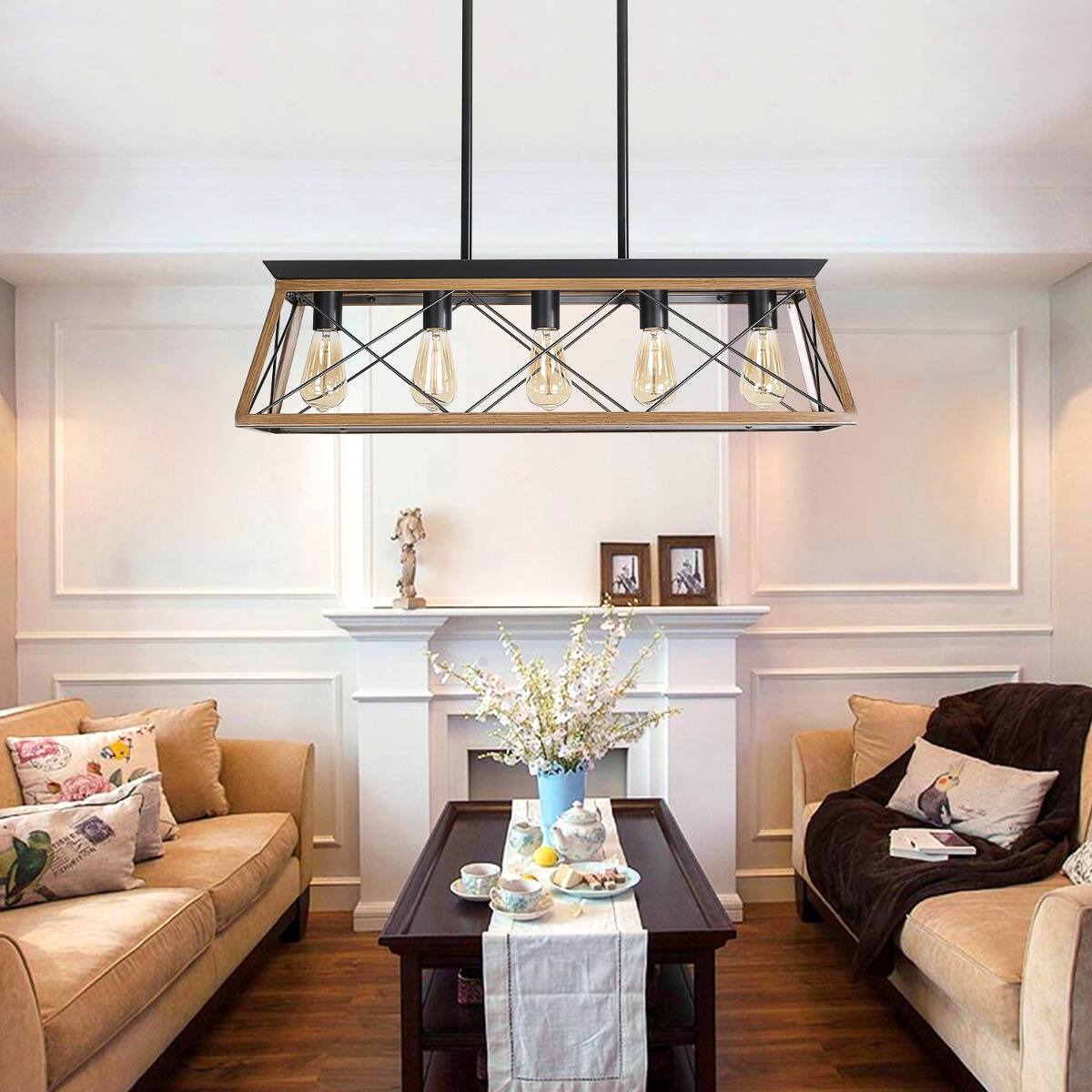 Back. Loheer - Loheer 32 inch Walnut Pendant Chandelier, Five Light Industrial Metal Cage for Dining Room or Kitchen.