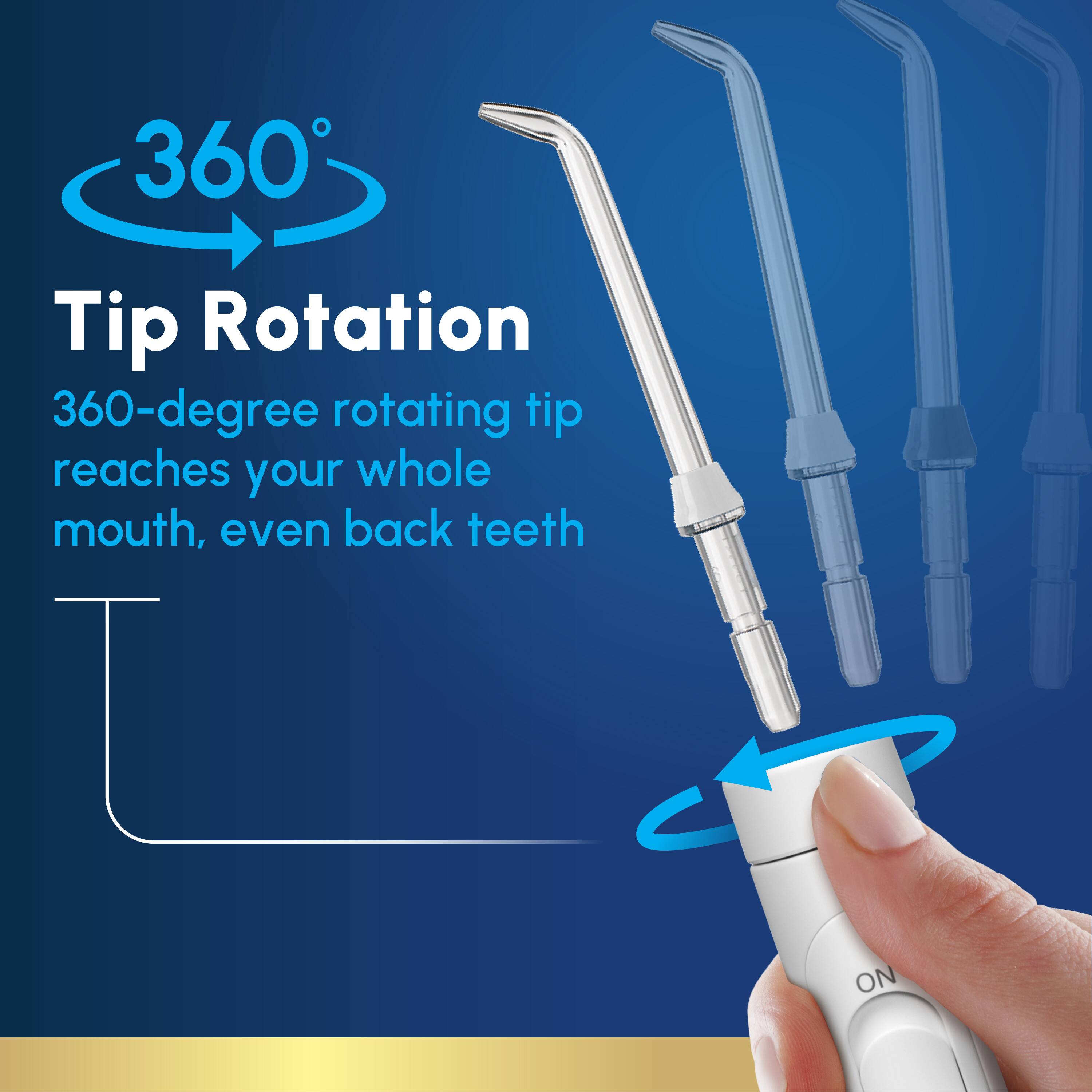 360° Tip Rotation  
360-degree rotating tip reaches your whole mouth, even back teeth