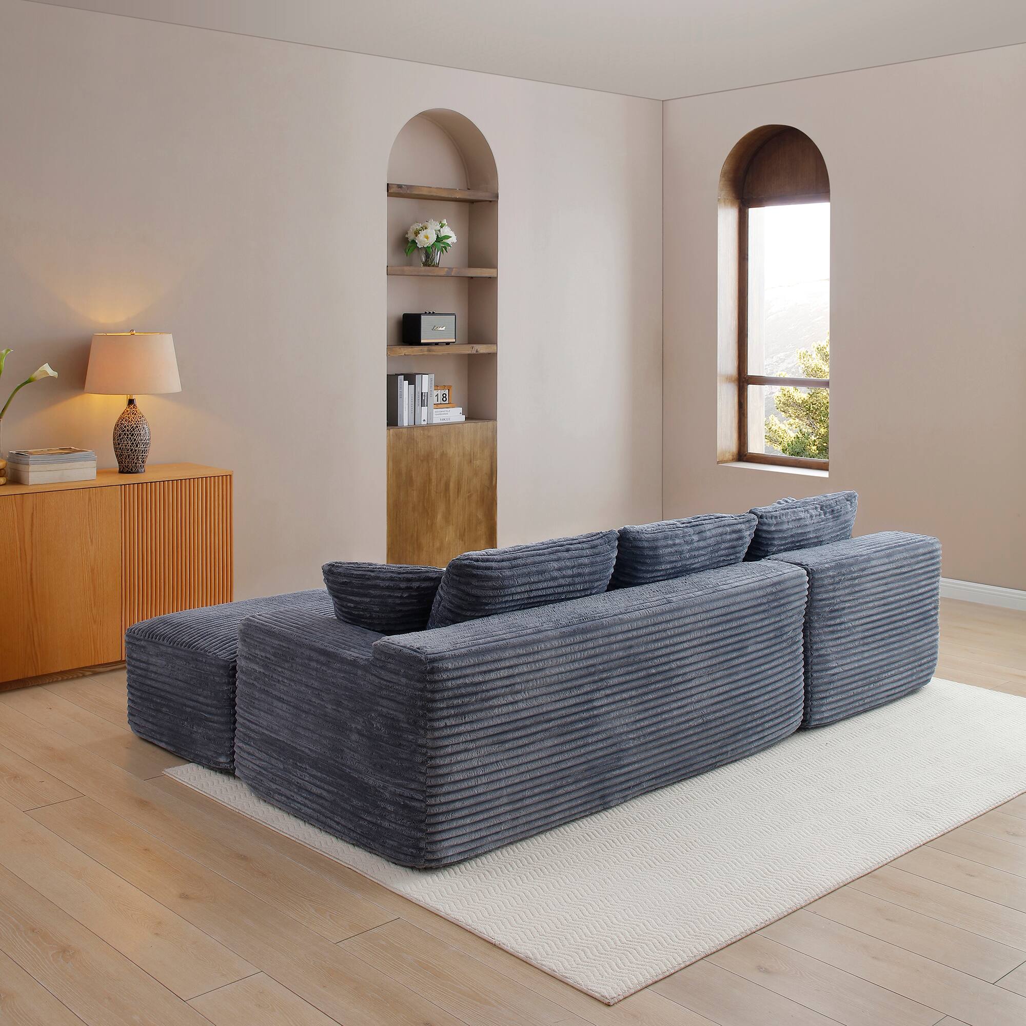 Back. Whisen - Modular L-Shaped Sectional Compressed Sofa with Soft Corduroy and Deep Seats,No Assembly Required-Gray - Gray.