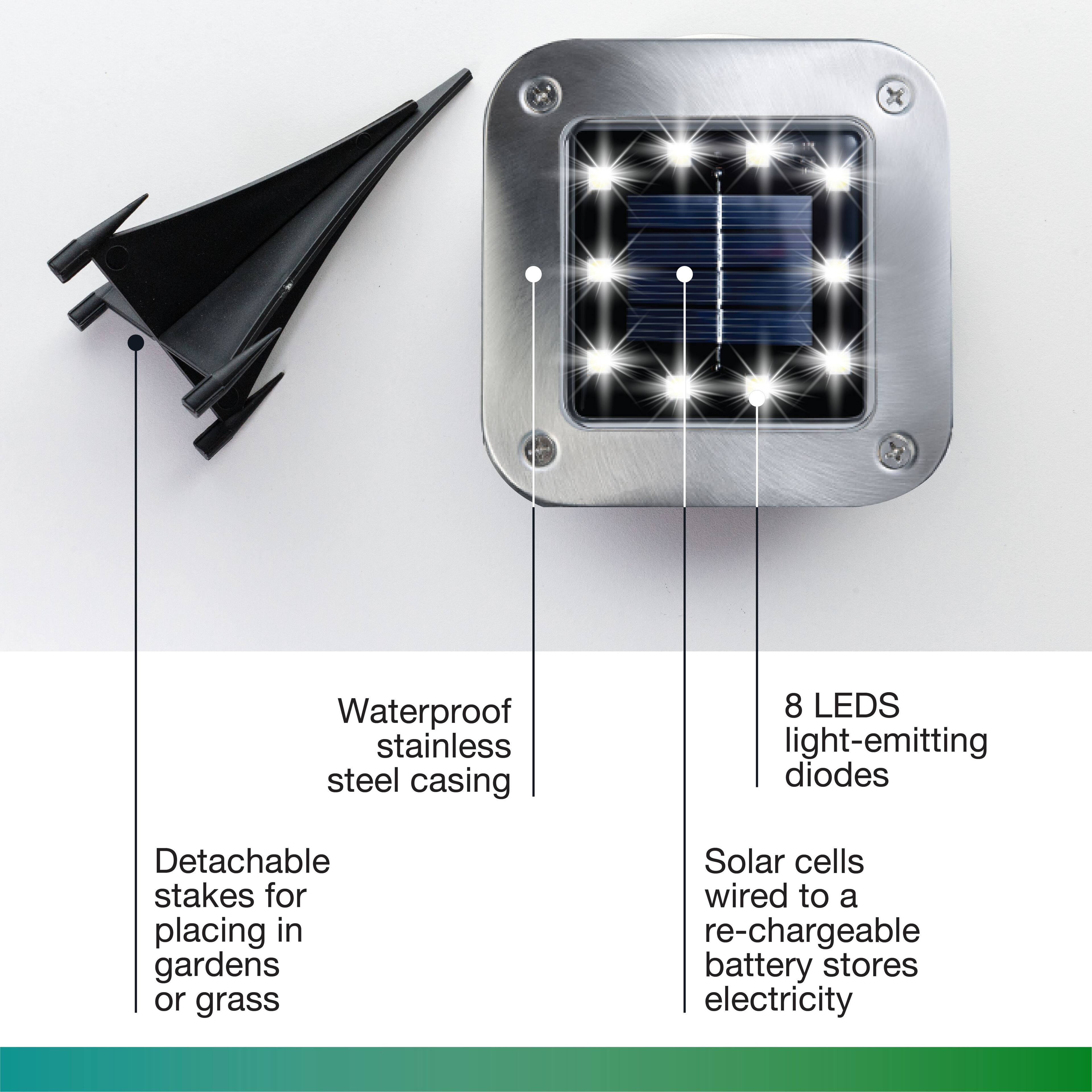 Waterproof stainless steel casing  
8 LEDs light-emitting diodes  
Detachable stakes for placing in gardens or grass  
Solar cells wired to a rechargeable battery stores electricity