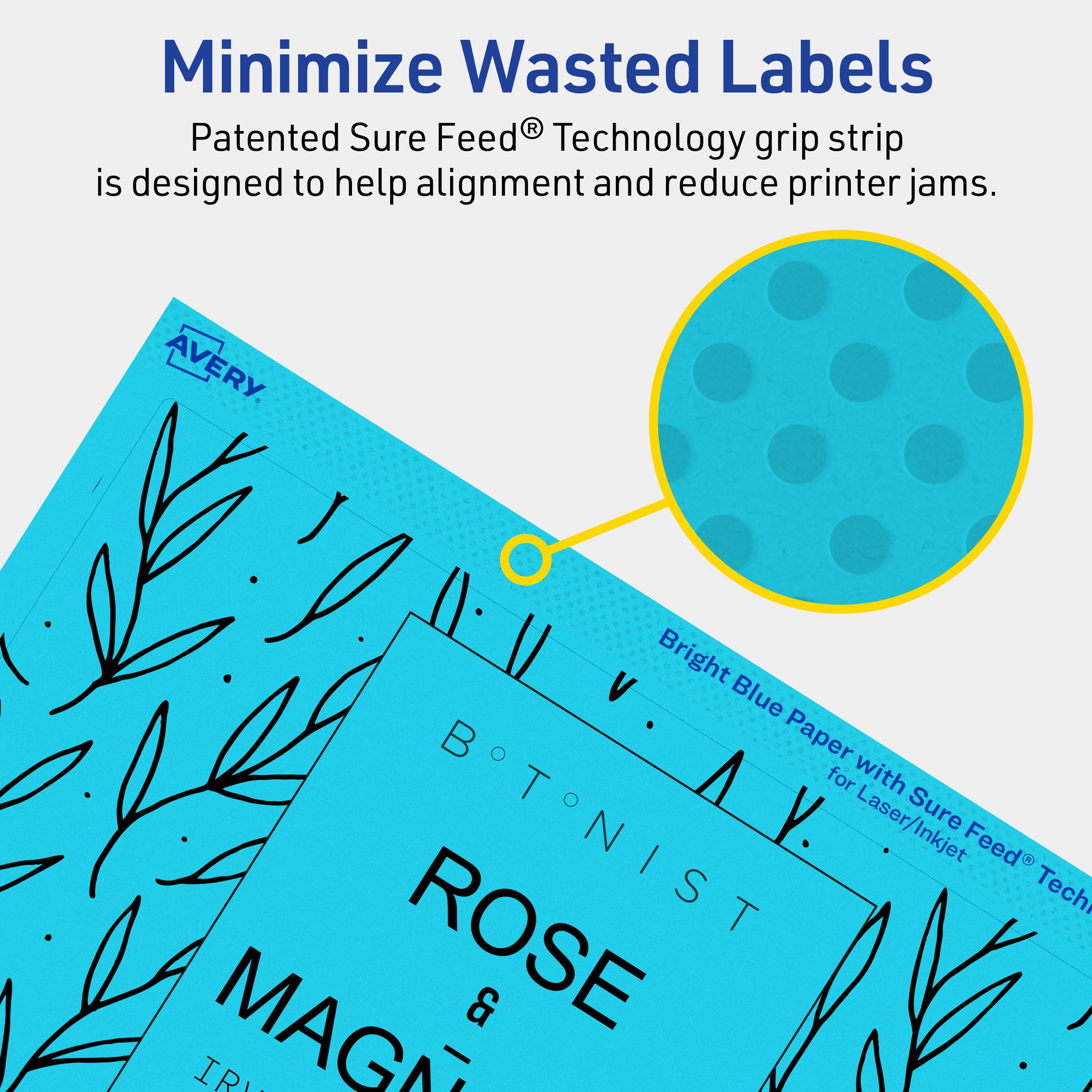 Minimize Wasted Labels

Patented Sure Feed® Technology grip strip is designed to help alignment and reduce printer jams.

AVERY

Bright Blue Paper with Sure Feed® Technology for Laser/Inkjet

BOTANIST

ROSE & MAGNOLIA