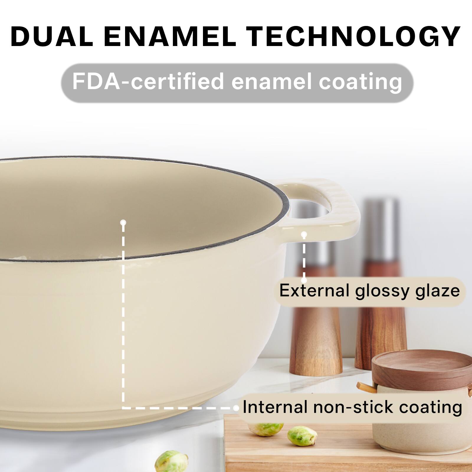 DUAL ENAMEL TECHNOLOGY

FDA-certified enamel coating

External glossy glaze

Internal non-stick coating