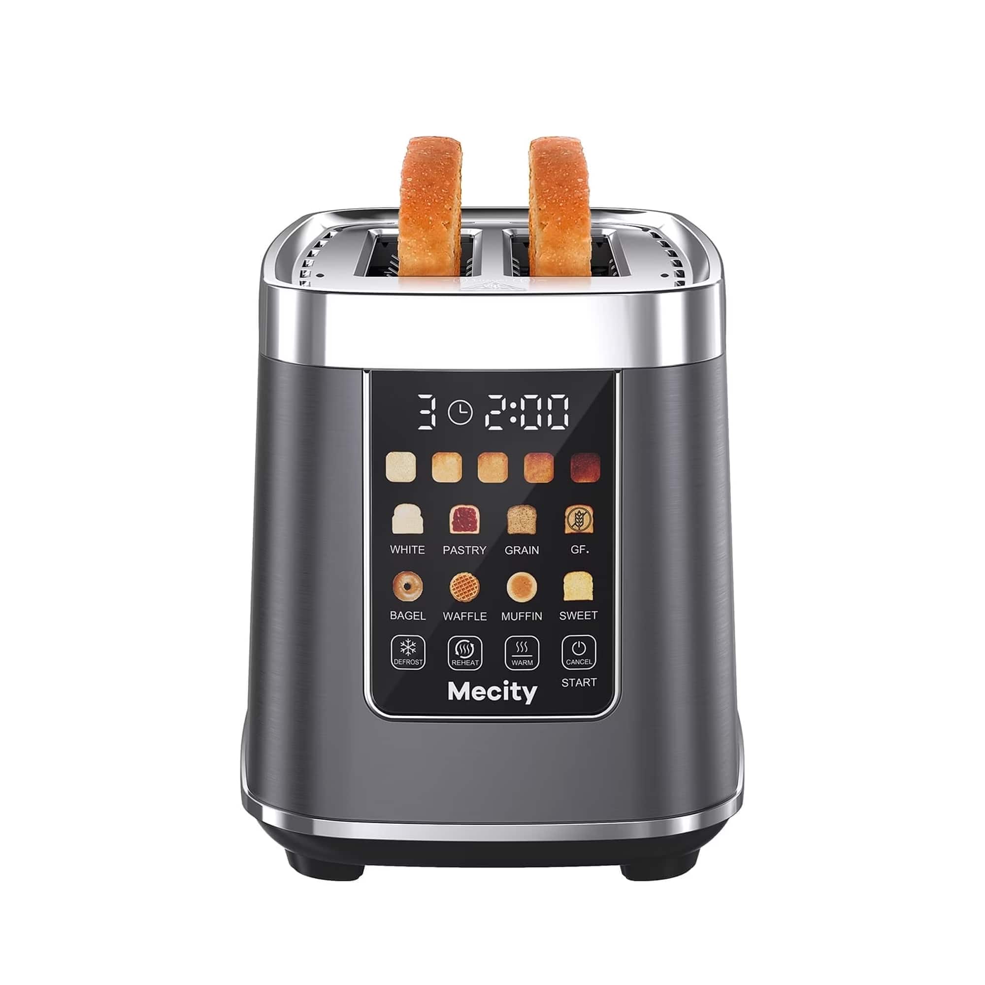 Mecity - Touch Screen Toaster with Automatic Lift & Keep Warm – 2 Slice Smart Toaster, 5 Browning Levels, 8 Bread Programs - Metallic Grey