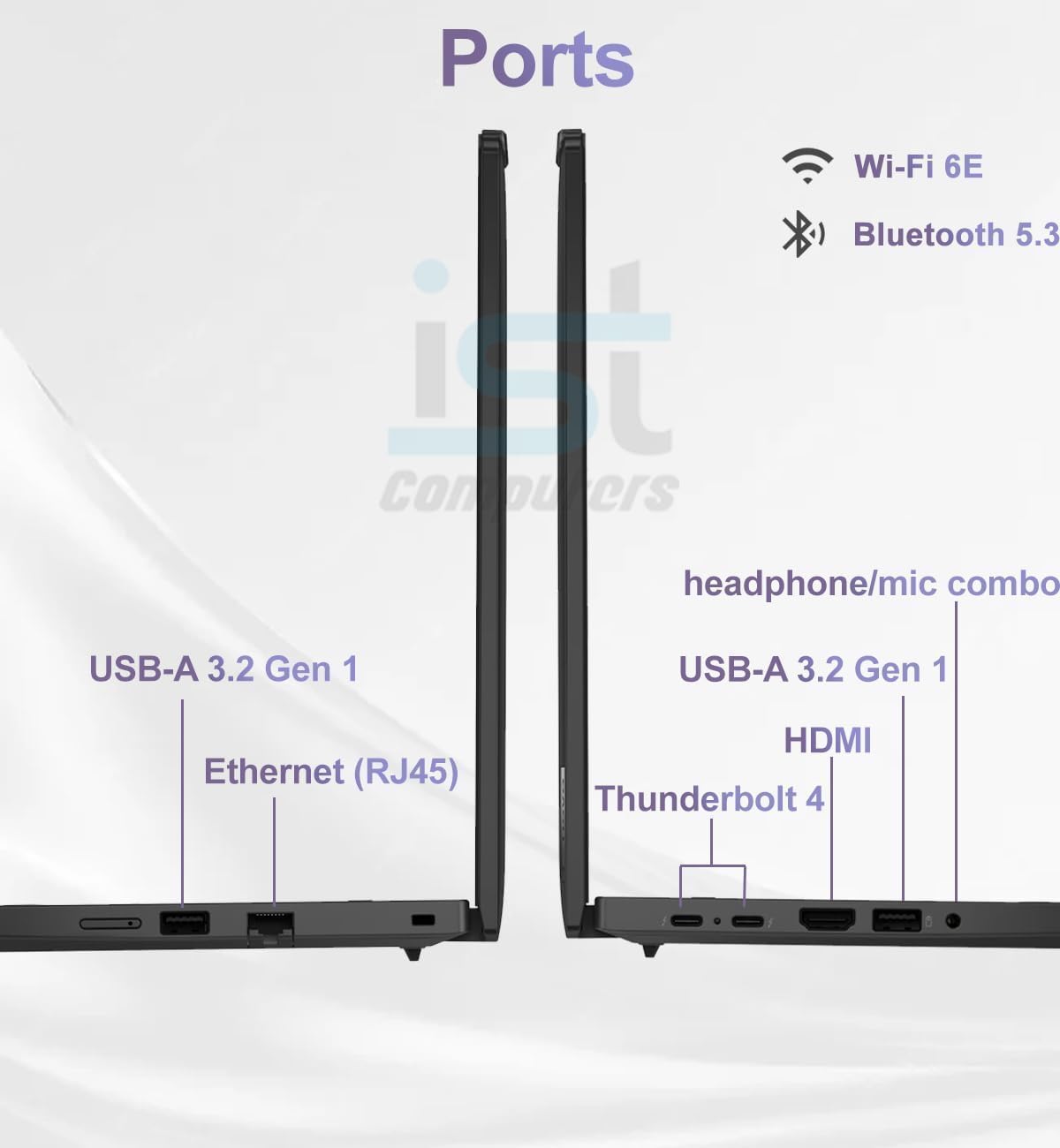 Ports  
Wi-Fi 6E  
Bluetooth 5.3  
headphone/mic combo  
USB-A 3.2 Gen 1  
USB-A 3.2 Gen 1  
Ethernet (RJ45)  
HDMI  
Thunderbolt 4