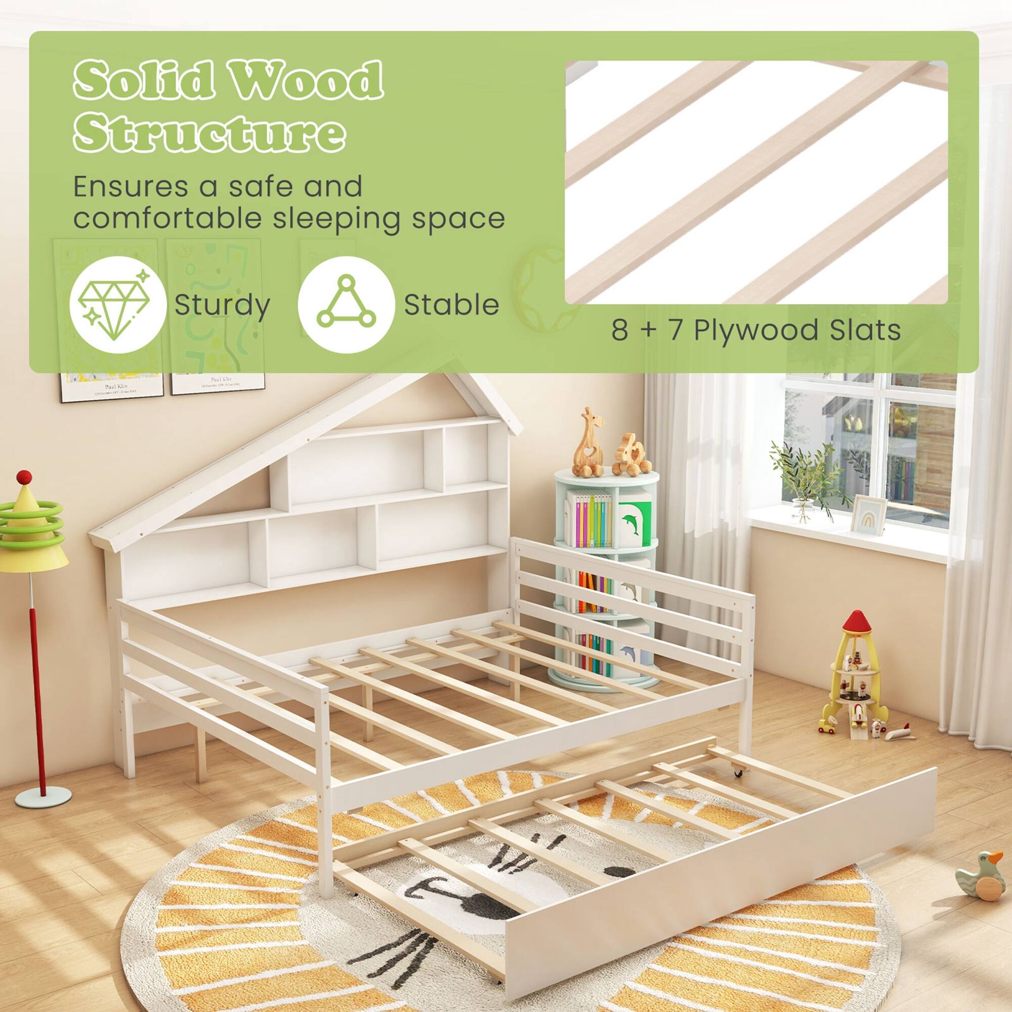 Solid Wood Structure  
Ensures a safe and comfortable sleeping space  

Sturdy  
Stable  

8 + 7 Plywood Slats
