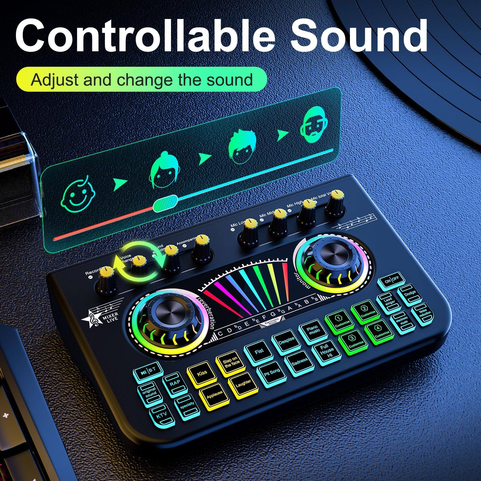 Controllable Sound  
Adjust and change the sound  

Mic Low  
Mic Mid  
Mic High  
Mic Total  

Reverb  
Delay  
Equalizer (EQ)  
Monitor (MON)  
Dropbox  
Lesi & Vingan  
G  
E  
F  
G  
Pare  
Customize  
Music  
Cestoaton  
Despine  
osbmtre  
Full  
Fist  
House  
M  
m  
Siep  
tace  
Sadness  
the  
MI  
(O  
Kiss  
P  
Song  
RAP  
Lauighter  
original  
sound  
Applaues  
spectatly  
KTV