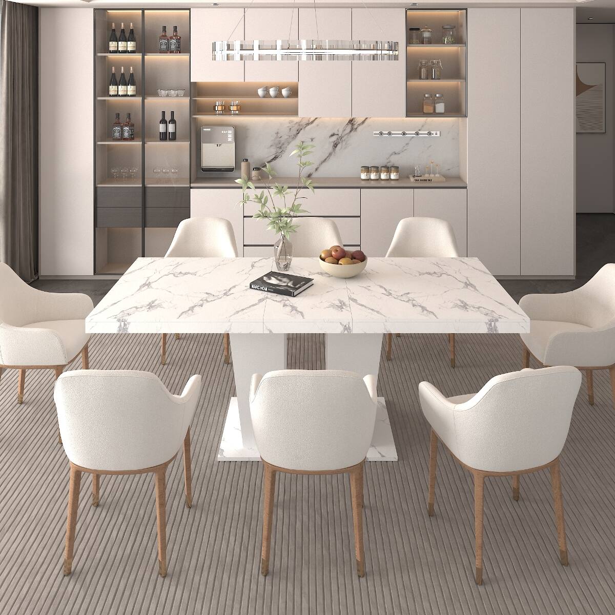 Alt View 1. Loheer - Loheer Extendable Dining Table, White Faux Marble Rectangle Table for Six to Ten, Dual Pedestal Base - White Marble.