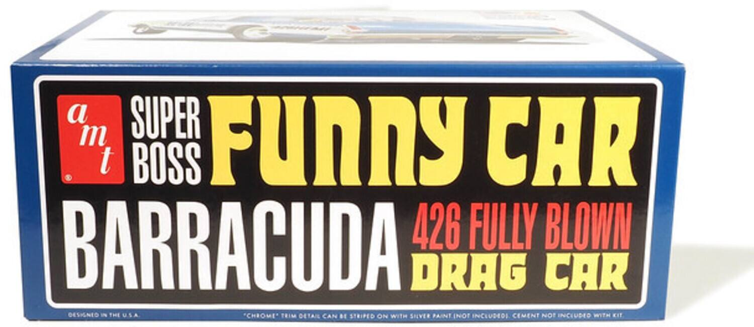 a SUPER m FUNNY CAR t BOSS BARRACUDA 426 FULLY BLOWN DRAG CAR DESIGNED IN THE USA. "CHROME" TRIM DETAIL CAN BE STIPED ON WITH SILVER PAINT (NOT INCLUDED). CEMENT NOT INCLUDED WITH KIT