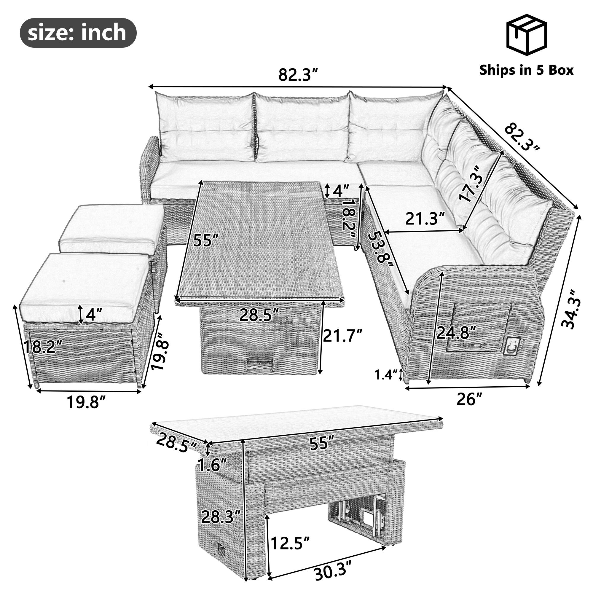 size: inch  
82.3"  
Ships in 5 Box  
14" 18.2" 19.8" 19.8" 55" 28.5" 82.3" 14" 17.3" 18.2" 21.3" 53.8" 34.3" 21.7" 24.8" 1.4" 26" 28.5" 1.6" 55" 28.3" 12.5" 30.3"