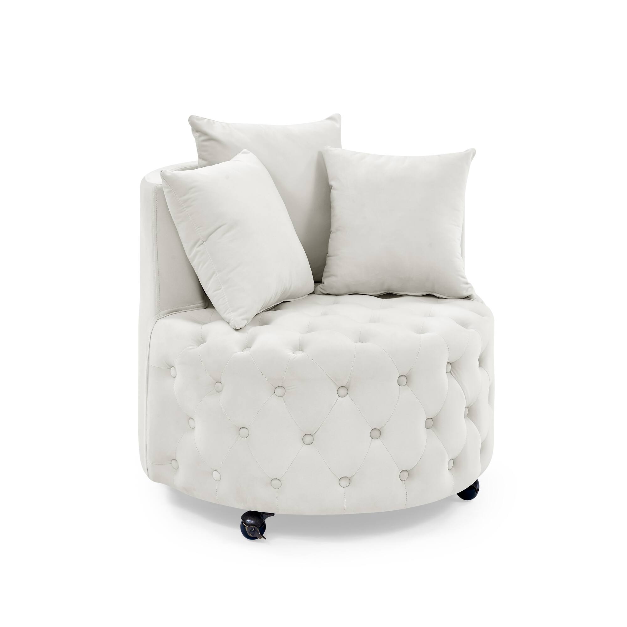 Alt View 1. Trinkets Crazed - Velvet Upholstered Swivel Chair for Living Room, with Button Tufted Design and Movable Wheels, Including 3 Pillows - Beige.