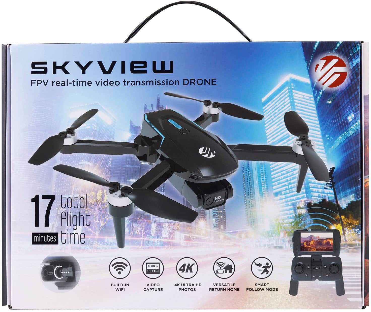 The text on the image reads: "Skyview FPV real-time video transmission drone total 17 flight minutes time HD CrO Co BUILD-IN WIFI 1080 PULLHO VIDEO CAPTURE 4K 4K ULTRA HD PHOTOS VERSATILE SMART RETURN HOME FOLLOW MODE."