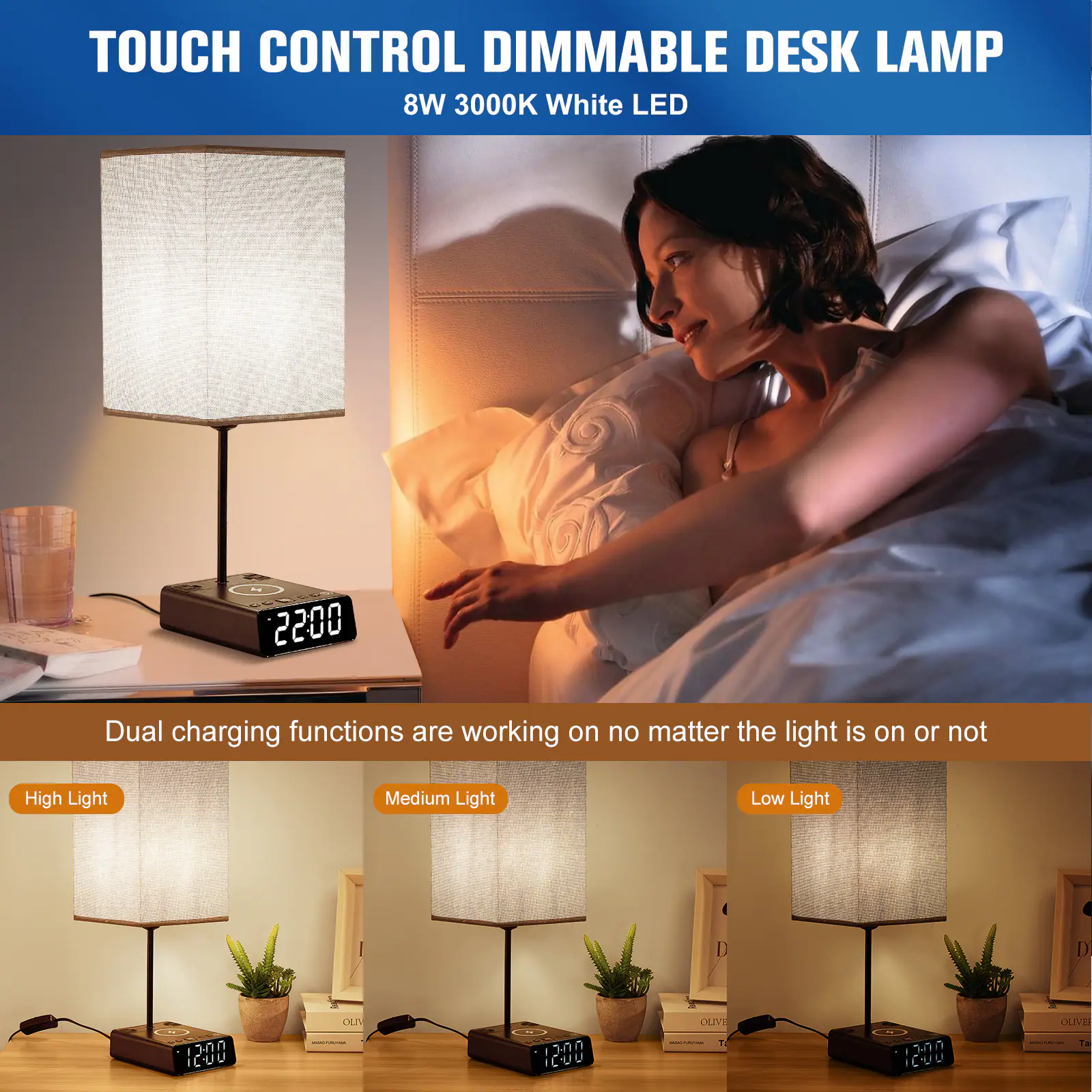 TOUCH CONTROL DIMMABLE DESK LAMP 8W 3000K White LED

Dual charging functions are working on no matter the light is on or not

High Light
Medium Light
Low Light