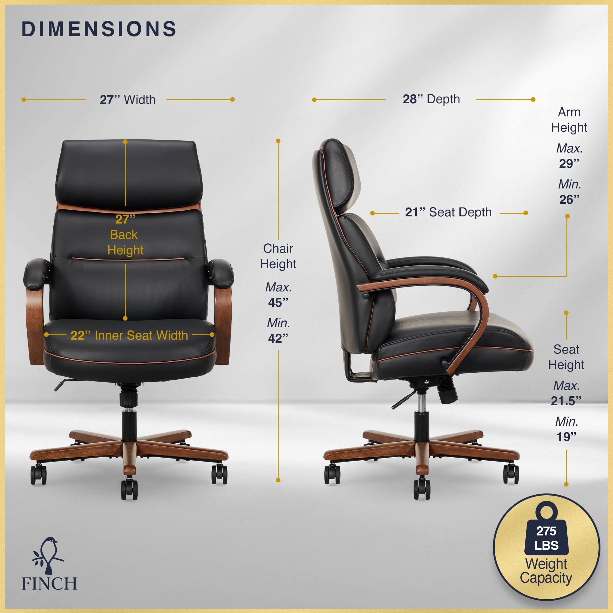 The image features a black office chair with a detailed diagram showing its dimensions. The chair has a width of 27 inches, a depth of 28 inches, and an arm height of up to 29 inches. The back height of the chair is 27 inches, while the chair height can reach up to 45 inches. The seat depth is a minimum of 26 inches, and the inner seat width is a minimum of 42 inches. The seat height can be up to 21.5 inches, with a minimum of 19 inches. The chair is designed to accommodate a weight capacity of 275 pounds.