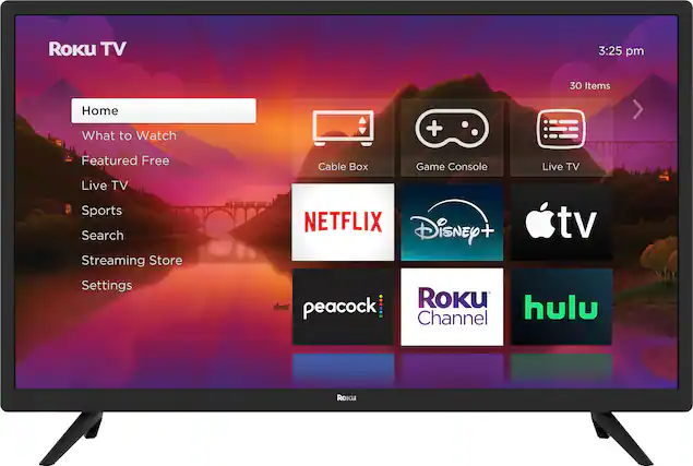 Roku TV 3:25 pm 30 Items Home What to Watch + Featured Free Cable Box Game Console Live TV Live TV Sports Search Streaming Store NETFLIX Disney+ + tv Settings peacock ... Roku hulu Channel Roku Hulu