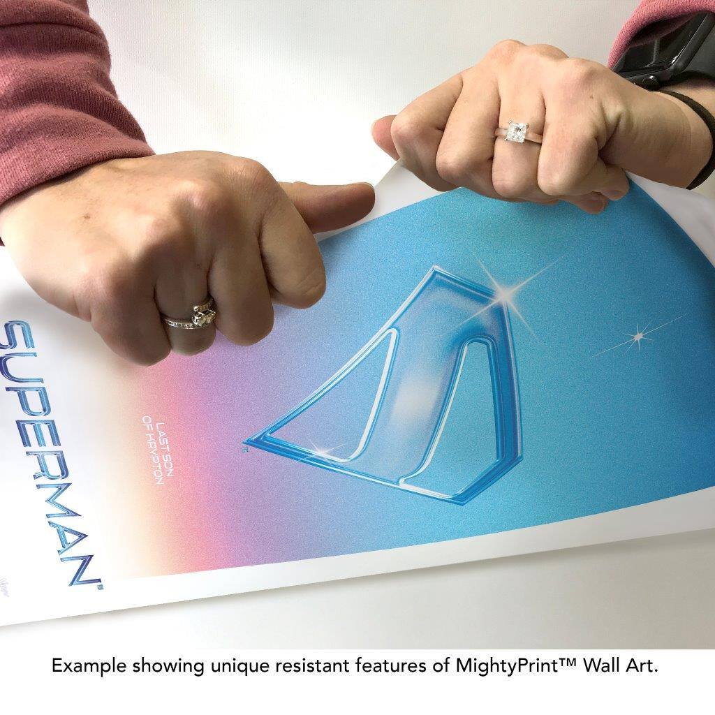 Sure, here is the corrected and grouped text from the image:

---

**SUPERMAN**  
OF KRYPTON  
LAST SON

Example showing unique resistant features of MightyPrint™ Wall Art.

---