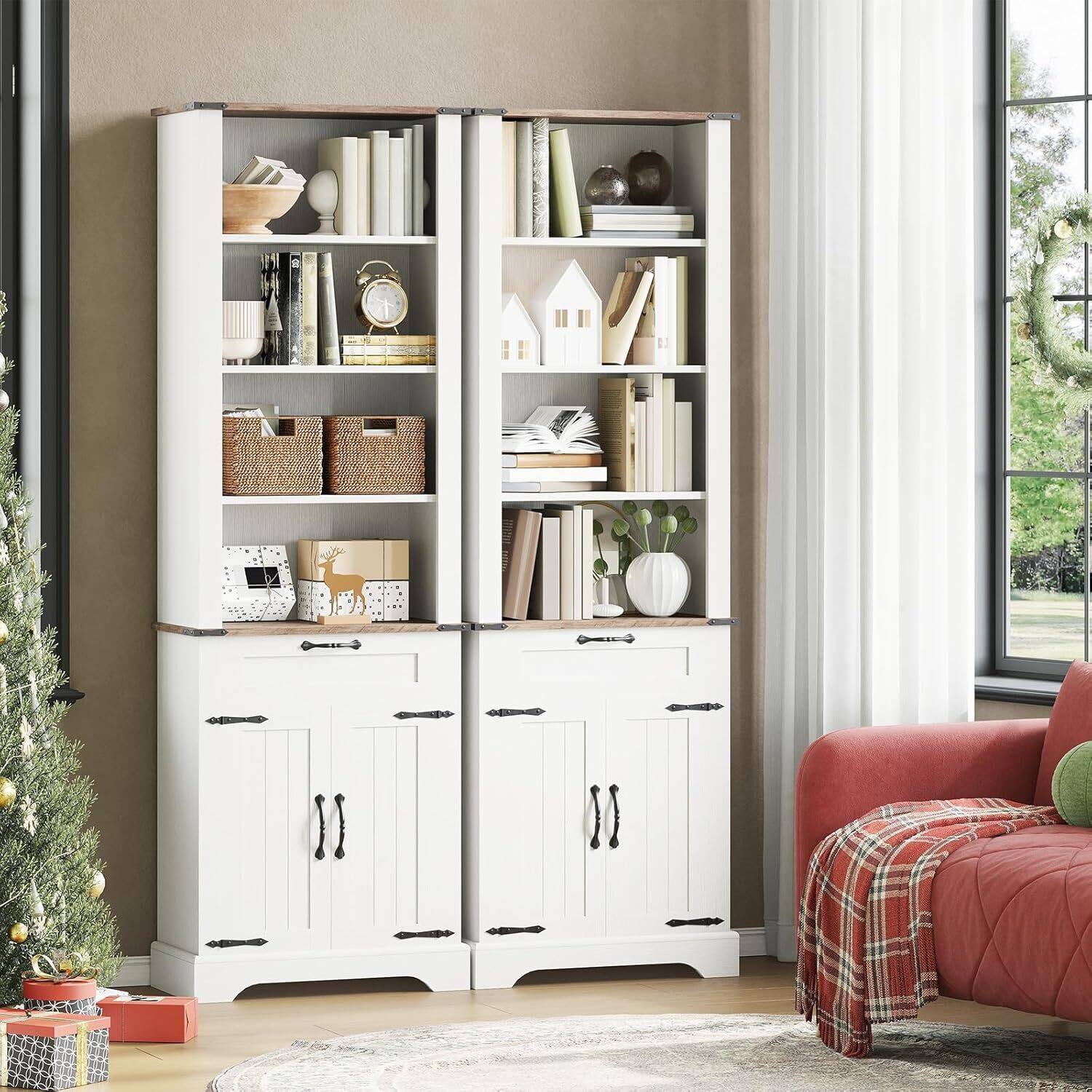 Angle. GARVEE - Farmhouse Bookcase, Floor Standing Bookshelves with Doors and Drawer Adjustable Shelves - WHITE.
