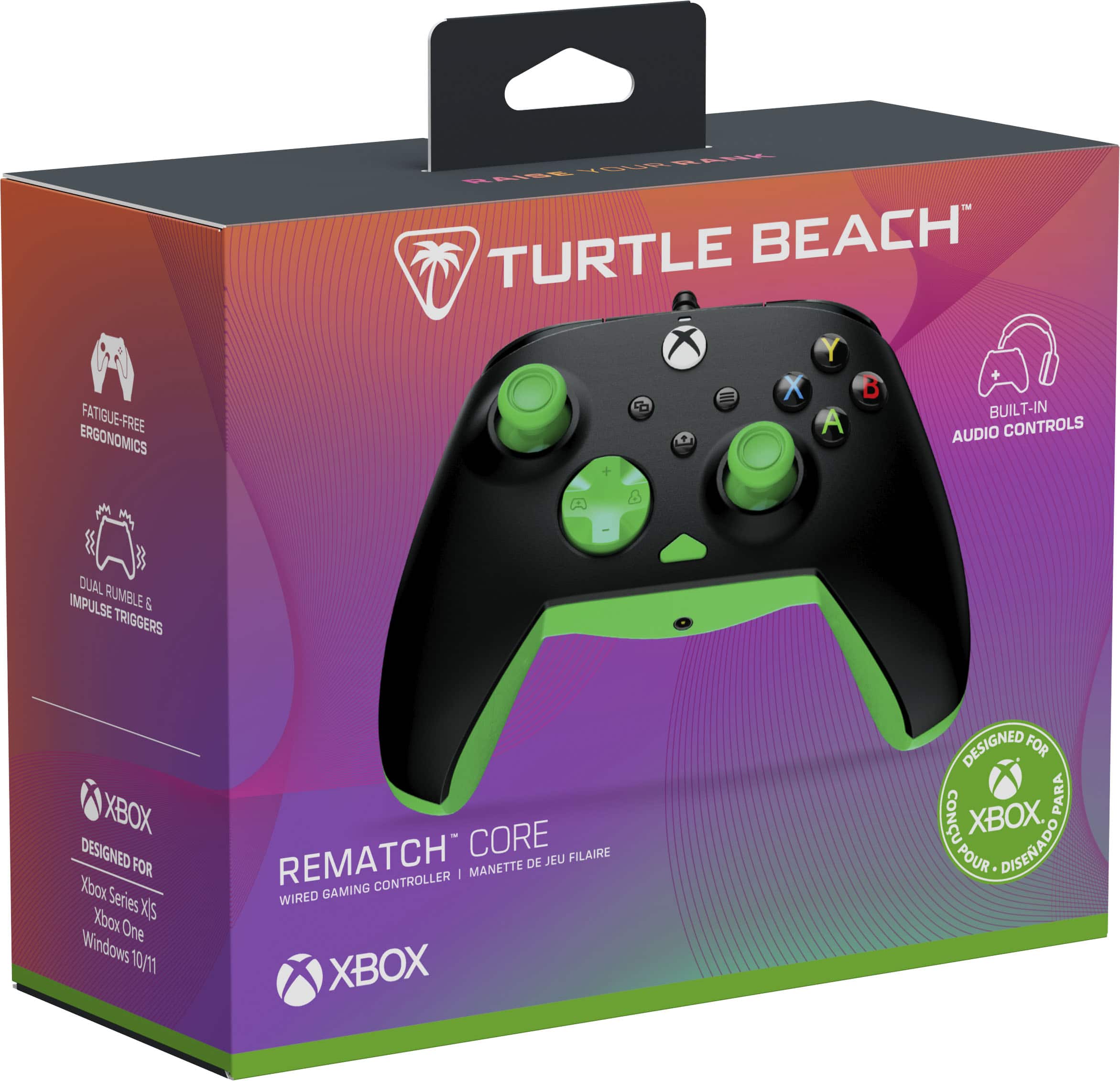 Turtle Beach Rematch Core Controller for Xbox Series X|S and Windows 10/11. Designed for Xbox. Features ergonomic design, built-in audio controls, dual rumble and trigger buttons, and wired gaming.