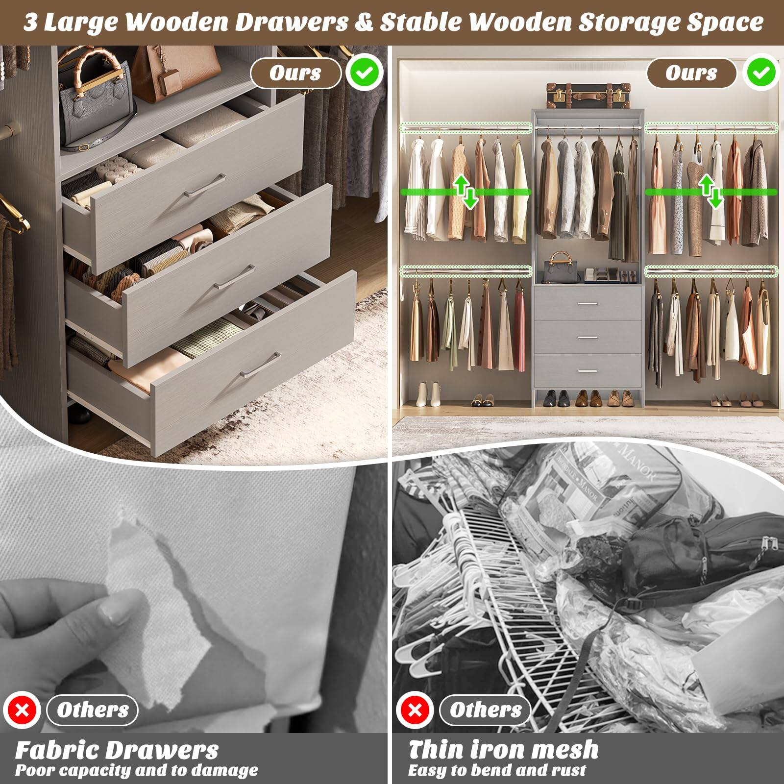 3 Large Wooden Drawers & Stable Wooden Storage Space

- Ours ✔️
- Ours ✔️

Fabric Drawers
- Poor capacity and to damage

Thin iron mesh
- Easy to bend and rust