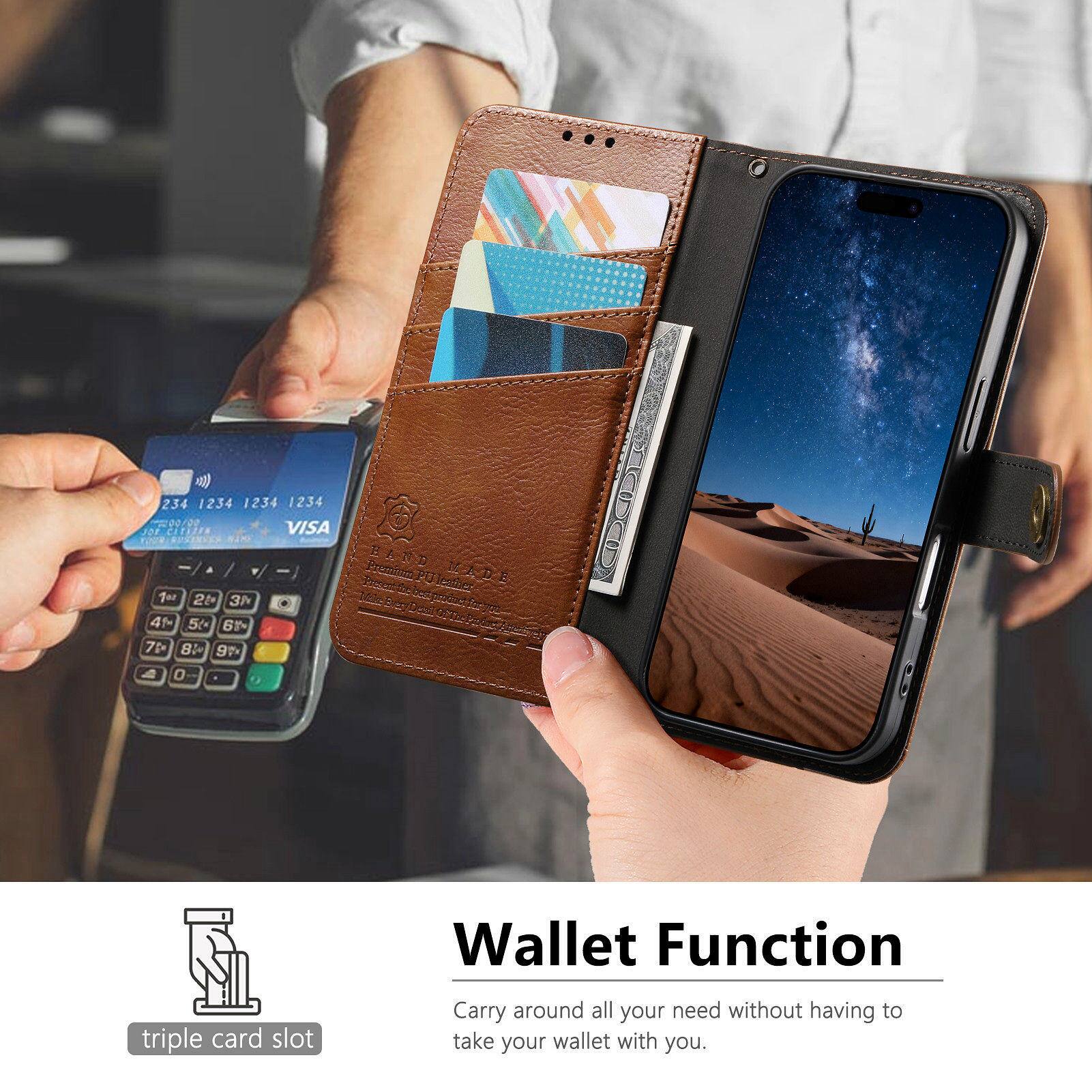 M 234 1234 1234 1234  
00/00 VISA  
CorsdEn -  
a Tor 20 3h 41 5/ 61 7p 8: 9T 4 0  
EAND roma P E Fat ler I prdc D  
0 triple card slot Wallet Function  
Carry around all your need without having to take your wallet with you.