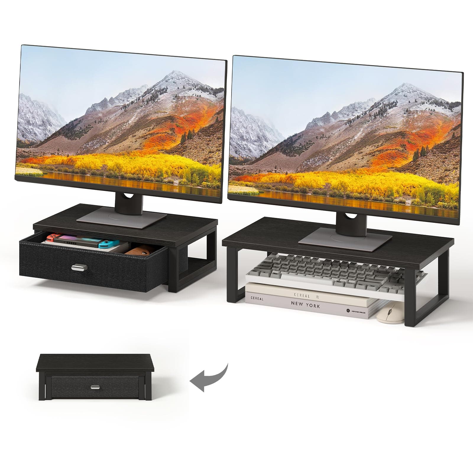 Hanke - Dual Monitor Stand Riser With Drawers Desk Organizers For 2 Monitors Desktop Storage Computer Laptop - Black