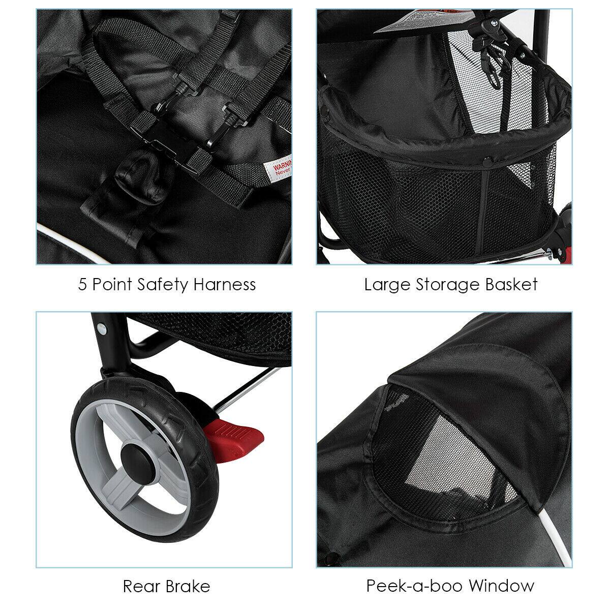 5 Point Safety Harness, Large Storage Basket, Rear Brake, Peek-a-boo Window