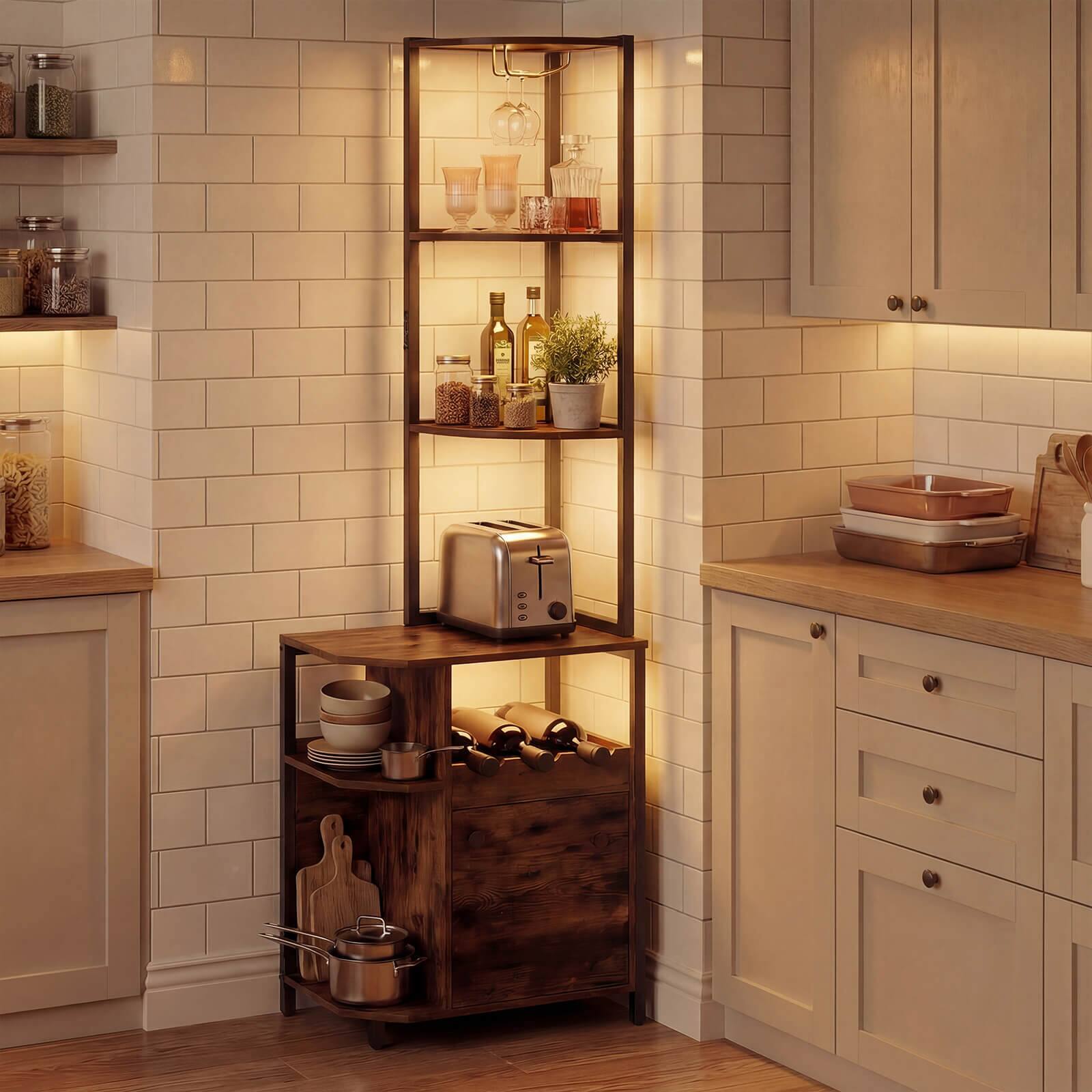 Alt View 3. Costway - Costway Corner Bar Cabinet with LED Lights & Charging Station, Glass Holder, Open Shelves - Rustic Brown.