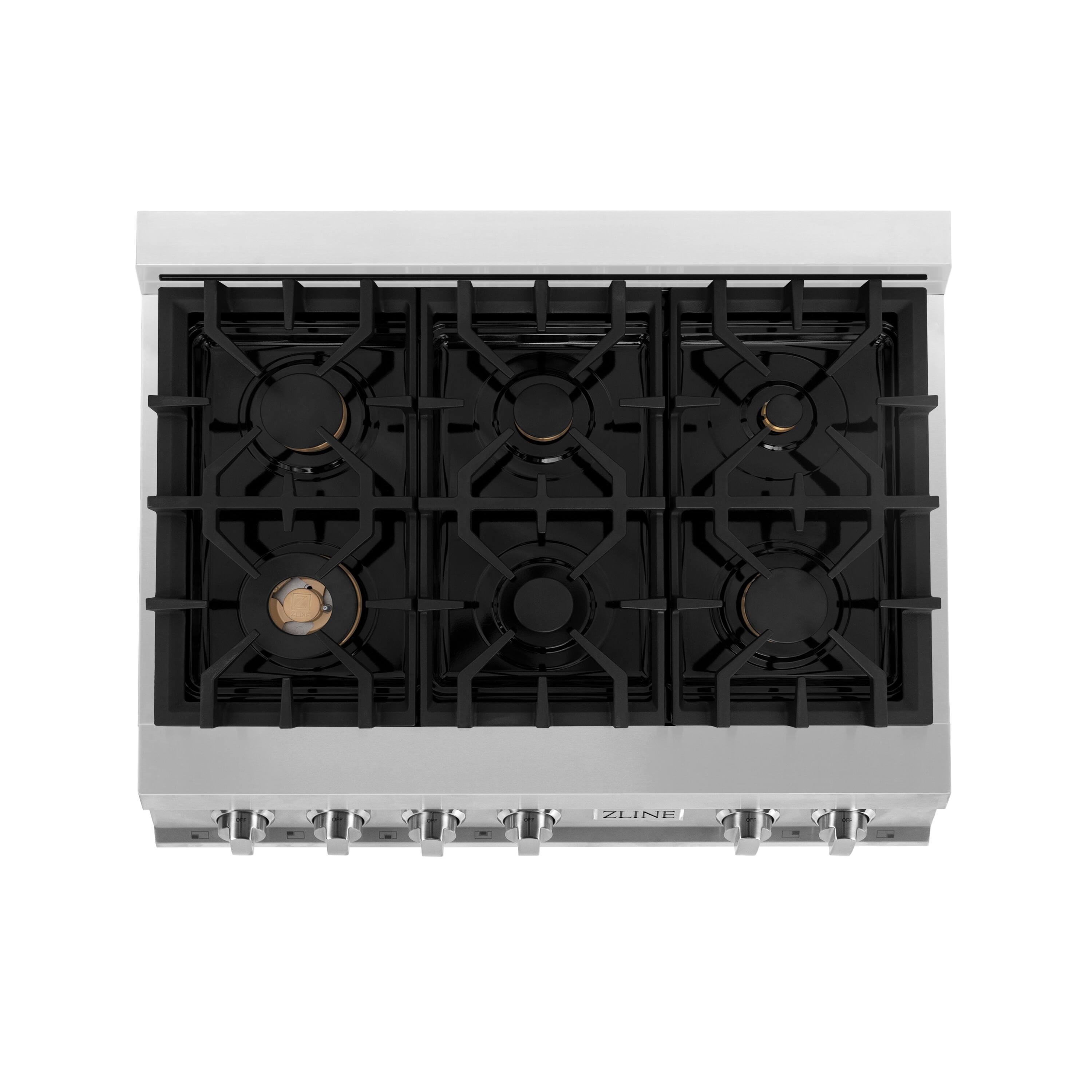 Left. ZLINE - 36 in. Wide 6 Burner Classic Gas Rangetop with  and Porcelain Cooktop in Stainless Steel (RT-BR-36) - Stainless steel.
