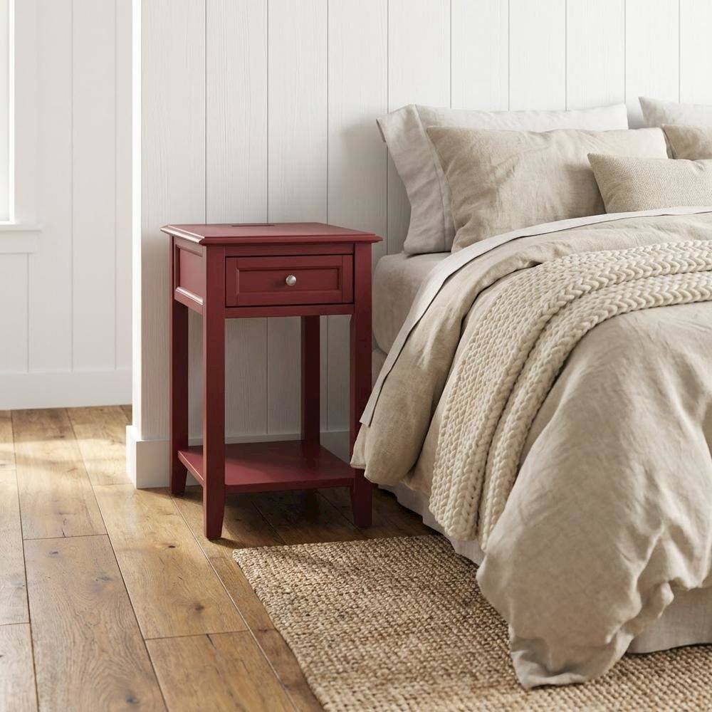 Alt View 2. FurniFact - Burgundy Mid Century Night Stand with Single Drawer and Sturdy Design - Burgundy.