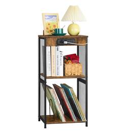 Oumilen - Vinyl Record Player Stand with Charging Station & Storage Shelves - Brown