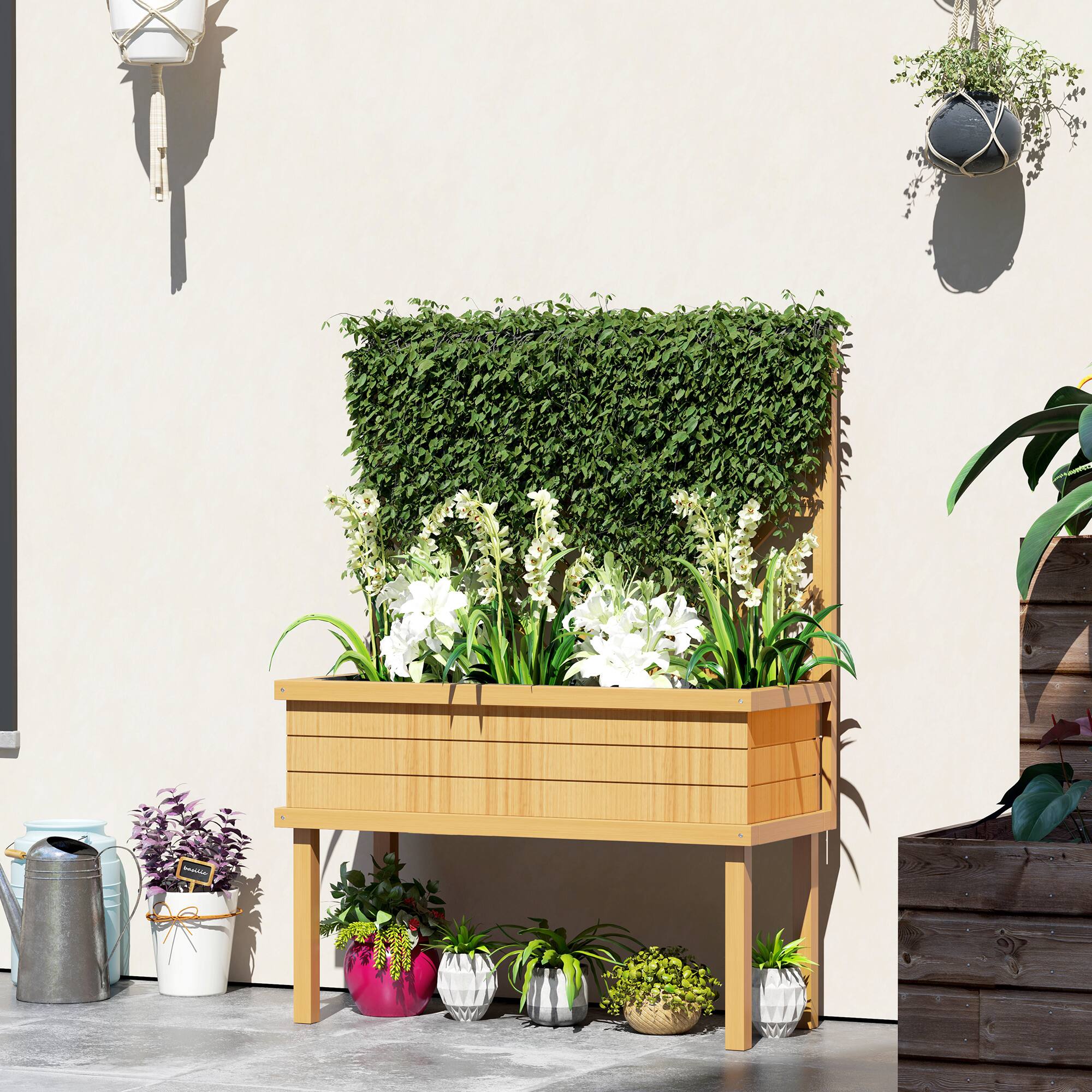 Alt View 1. Outsunny - Wood Planter with Trellis for Climbing Plants, Raised Garden Bed with Legs and Drainage Holes - Natural Wood.