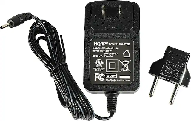 HQRP POWER ADAPTER
MODEL: M090200E111C
INPUT: 100-240V~ 50/60Hz 0.8A
OUTPUT: 9V=2A
UL US LISTED
IT.E. POWER SUPPLY E348617
FC WDUV
MADE IN CHINA