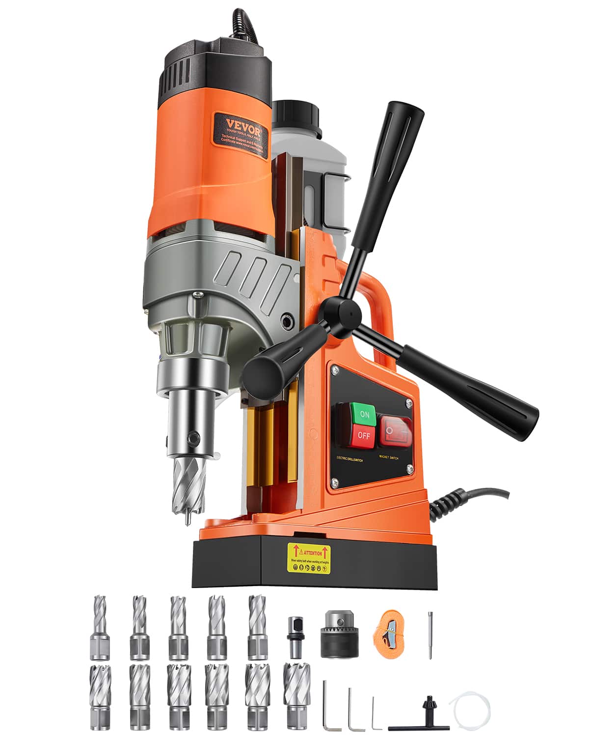 VEVOR - Magnetic Drill, 1450W Motor 1.6 in Boring Diameter, 2810 lbf Portable Electric Mag Drill Press, with 11 Coring Bits - Orange;Black