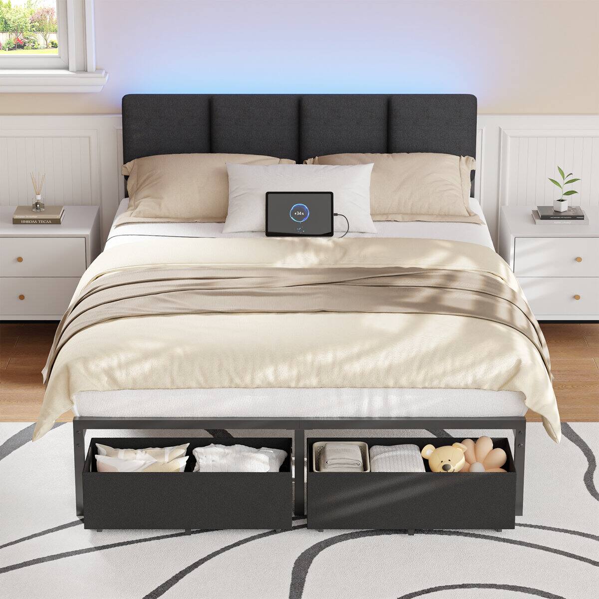 Angle. Furnulem - Upholstered Bed Frame with 2 Storage Drawers Modern Platform Bed with Charging Station & LED Light - Black.
