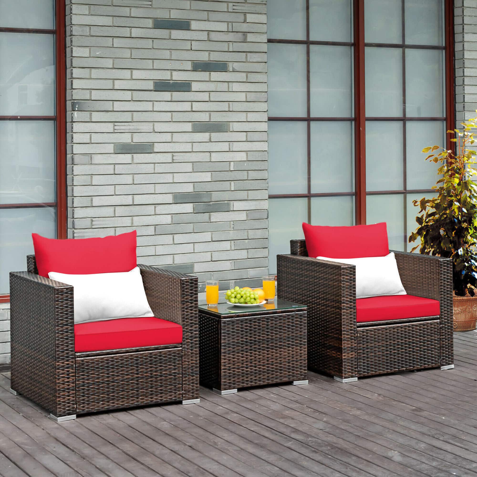 Gymax - 3PCS Rattan Patio Outdoor Conversation Furniture Set w/ Cushions - Red price history on PriceWatchPro