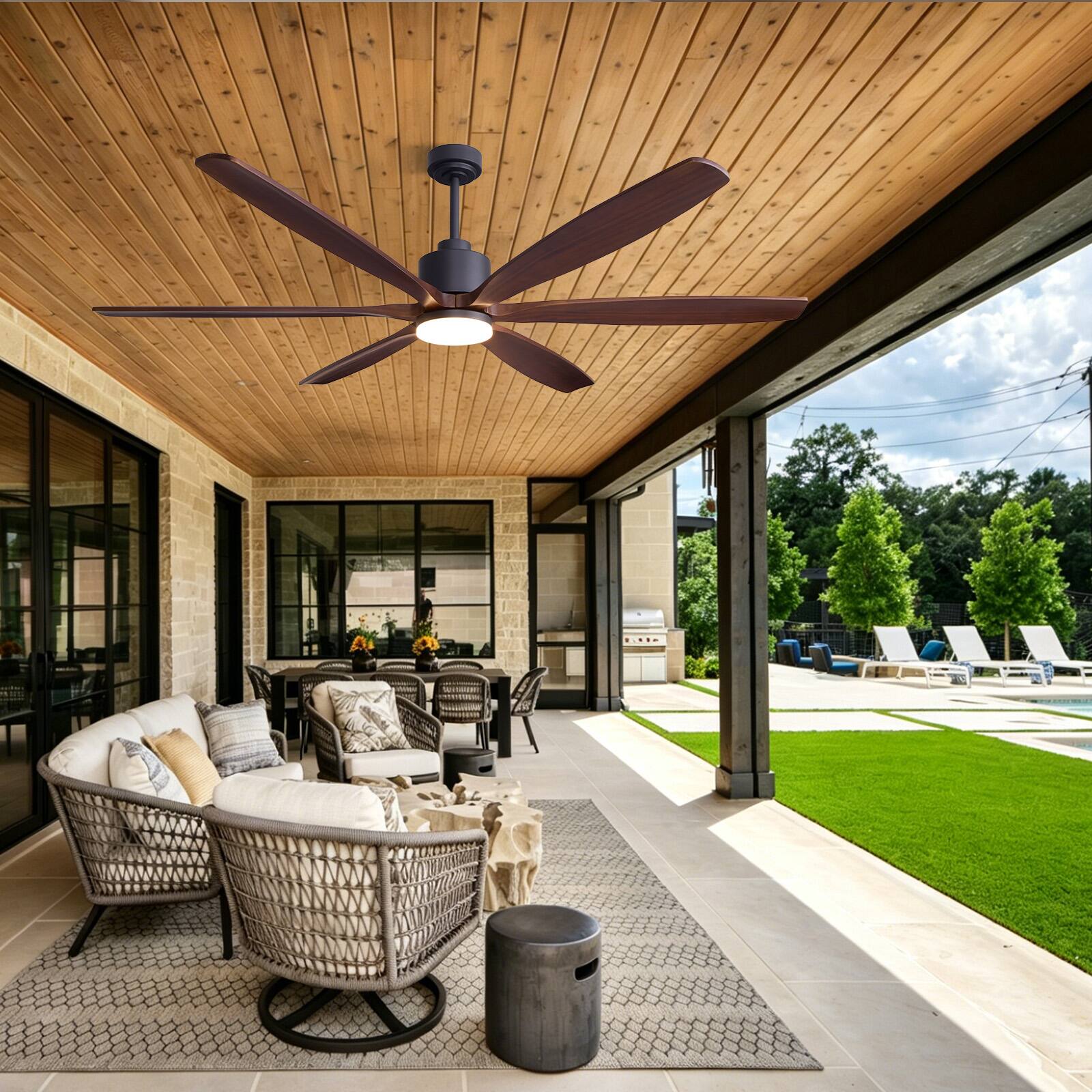 Back. Siljoy - 72 inch Black and Walnut Modern Ceiling Fan Curved Solid Wood Blades LED Light Remote for Great Room Living Room Foyer - BROWN.