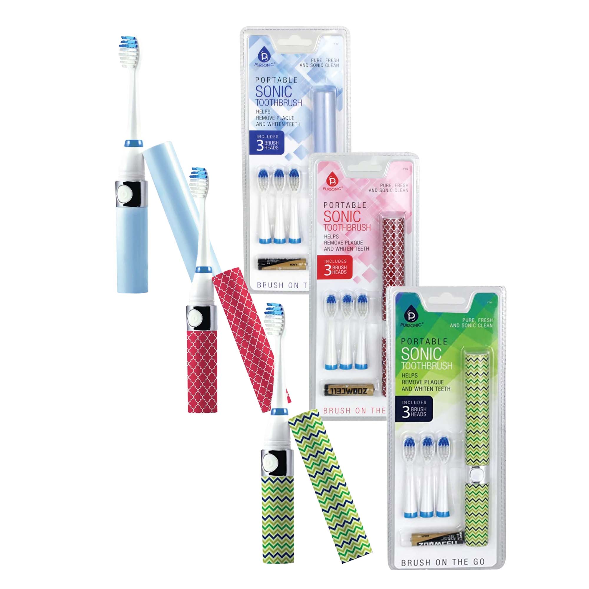 **Portable Sonic Toothbrush**

- Helps remove plaque and whiten teeth
- Includes 3 brush heads
- Brush on the go

**Pure Fresh and Sonic Clean**

**Portable Sonic Toothbrush**

- Helps remove plaque and whiten teeth
- Includes 3 brush heads
- Brush on the go

**Pure Fresh and Sonic Clean**

**Portable Sonic Toothbrush**

- Helps remove plaque and whiten teeth
- Includes 3 brush heads
- Brush on the go