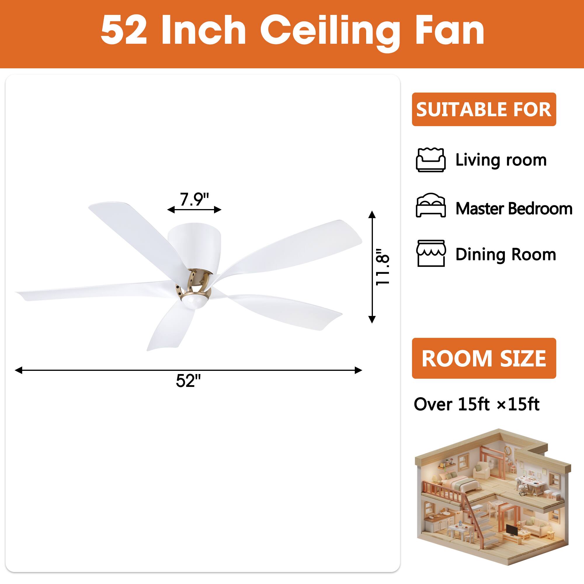 52 Inch Ceiling Fan

SUITABLE FOR
- Living room
- Master Bedroom
- Dining Room

ROOM SIZE
Over 15ft x 15ft