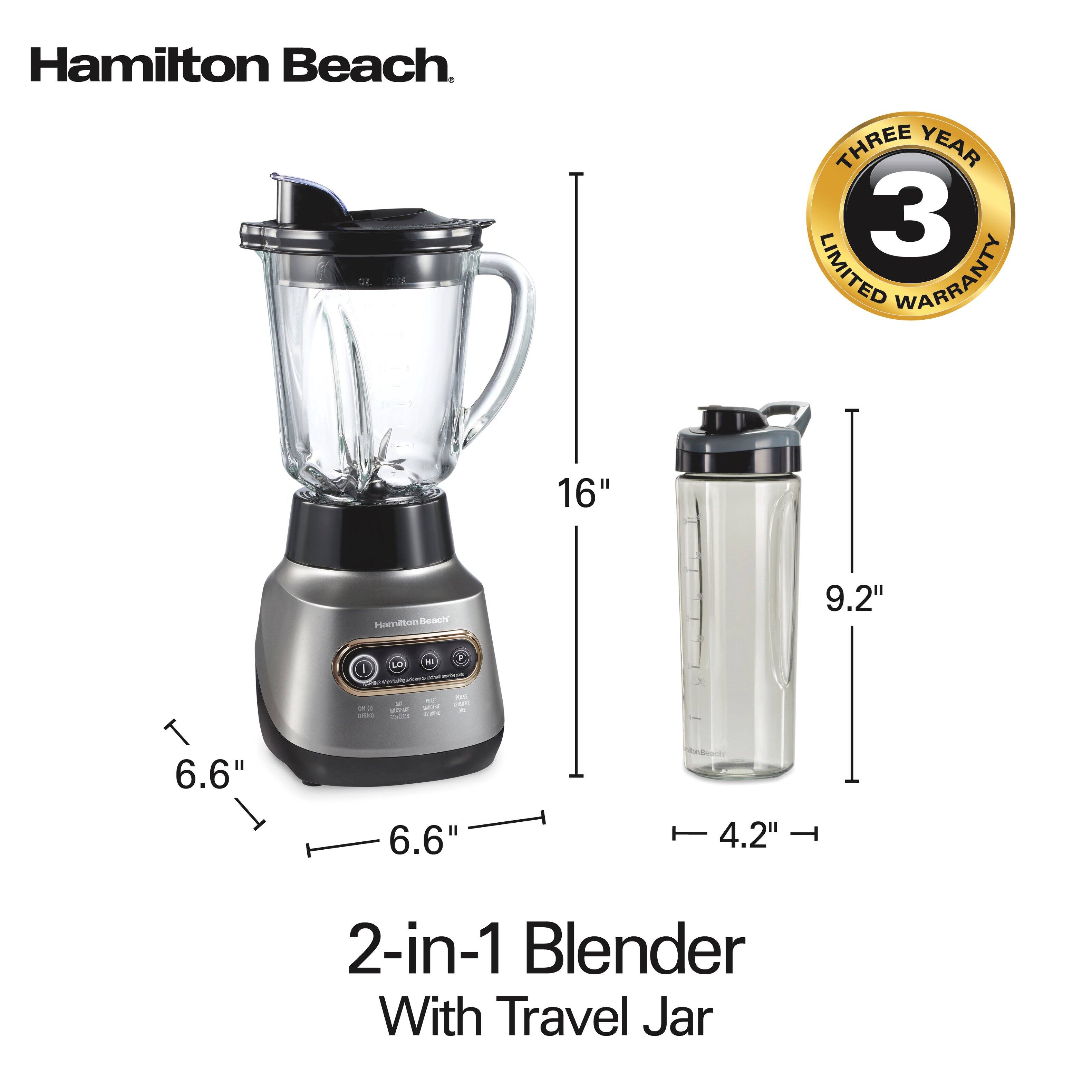 Hamilton Beach

THREE YEAR LIMITED WARRANTY

2-in-1 Blender With Travel Jar

16"  
6.6"  
6.6"  
9.2"  
4.2"