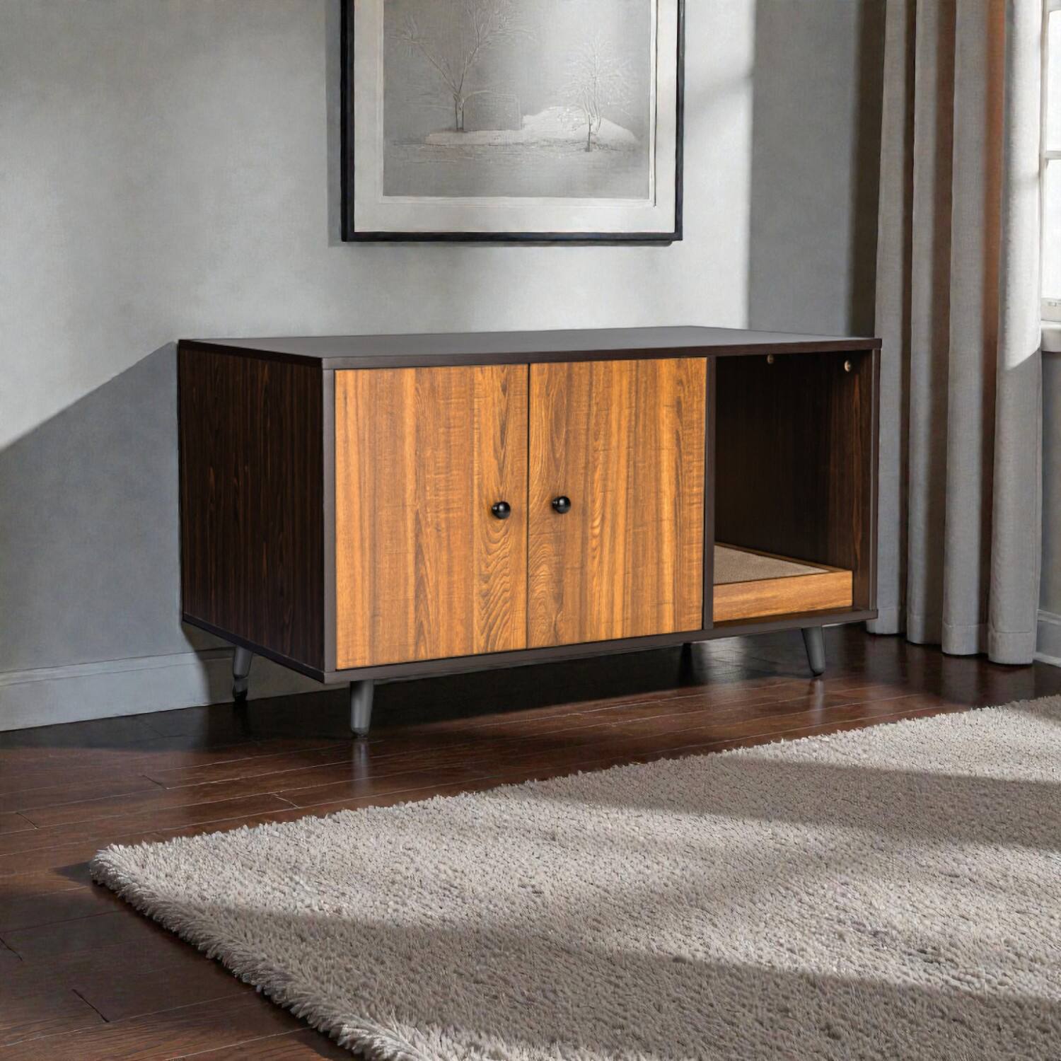 Front. BreeBe - Cat Litter House Featuring Split Compartment and Twin Door Design - Brown.