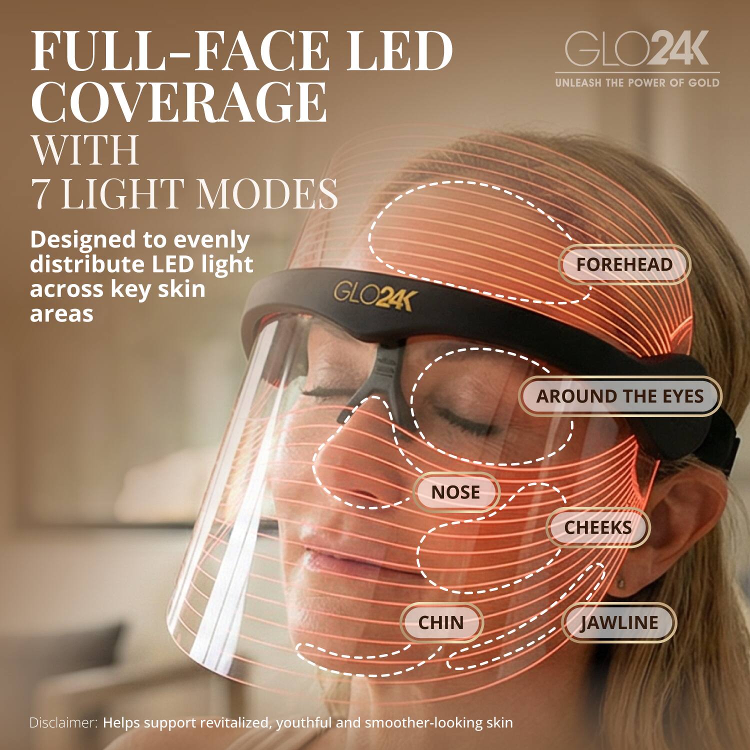 FULL-FACE LED COVERAGE WITH 7 LIGHT MODES  
Designed to evenly distribute LED light across key skin areas  

GLO24K  
UNLEASH THE POWER OF GOLD  

FOREHEAD  
AROUND THE EYES  
NOSE  
CHEEKS  
CHIN  
JAWLINE  

Disclaimer: Helps support revitalized, youthful and smoother-looking skin