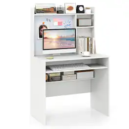 Costway - Computer Desk with Hutch Space Saving Laptop Desk with Magnetic Whiteboard - White