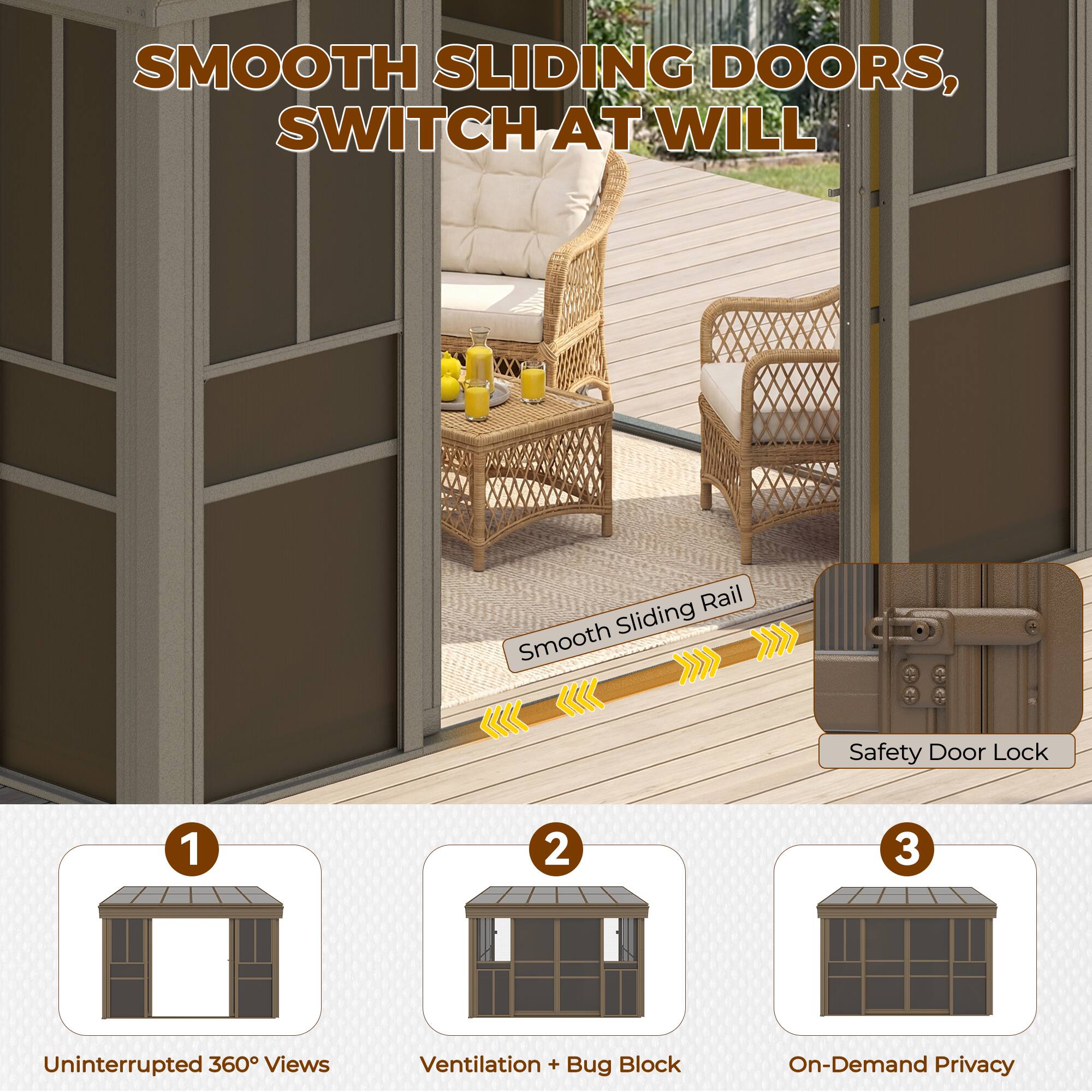 SMOOTH SLIDING DOORS, SWITCH AT WILL

1. Uninterrupted 360° Views
2. Ventilation + Bug Block
3. On-Demand Privacy

Smooth Sliding Rail
Safety Door Lock