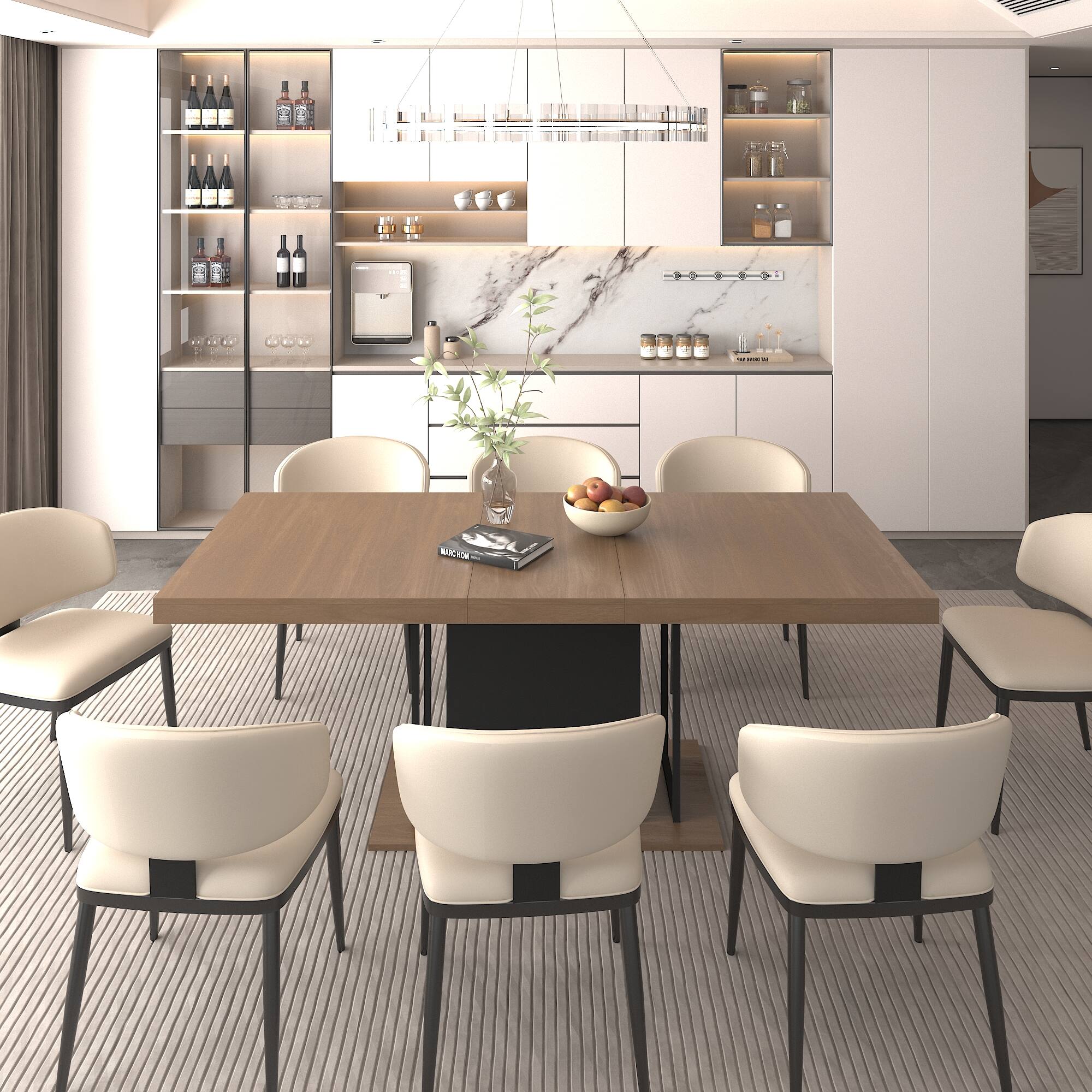 Angle. Tiramisubest - Modern Extendable Dining Table for 6-10 People,78" Rectangle Dining Table with Black Double Sturdy Pedestal Base - Black+Brown.