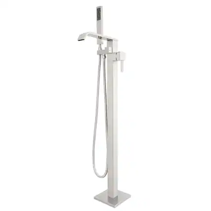 Front. Akicon - Akicon Free Standing Bathtub Faucet 360° Swivel Tub Filler with Handheld Shower and Waterfall Spout in Brushed Nickel - Brushed Nickel.