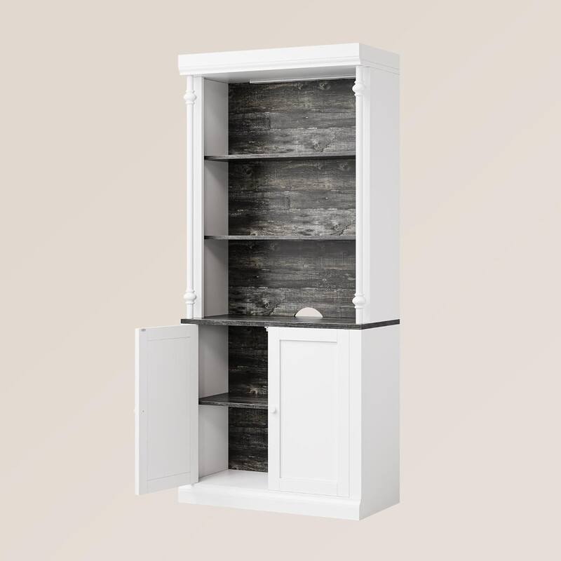 Angle. GARVEE - 5-Tier Bookshelf with Doors, Adjustable Shelves & LED Lights,Roman Column Design Storage Cabinet for Living Room,Bedroom - White.