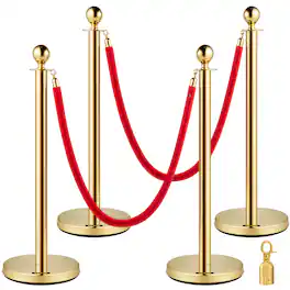 VEVOR - Crowd Control Stanchion, Set of 4 Pieces Stanchion Set, Stanchion Set with 5 ft/1.5 m Red Velvet Rope - Gold