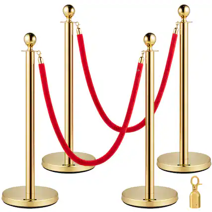 Front. VEVOR - Crowd Control Stanchion, Set of 4 Pieces Stanchion Set, Stanchion Set with 5 ft/1.5 m Red Velvet Rope - Gold.