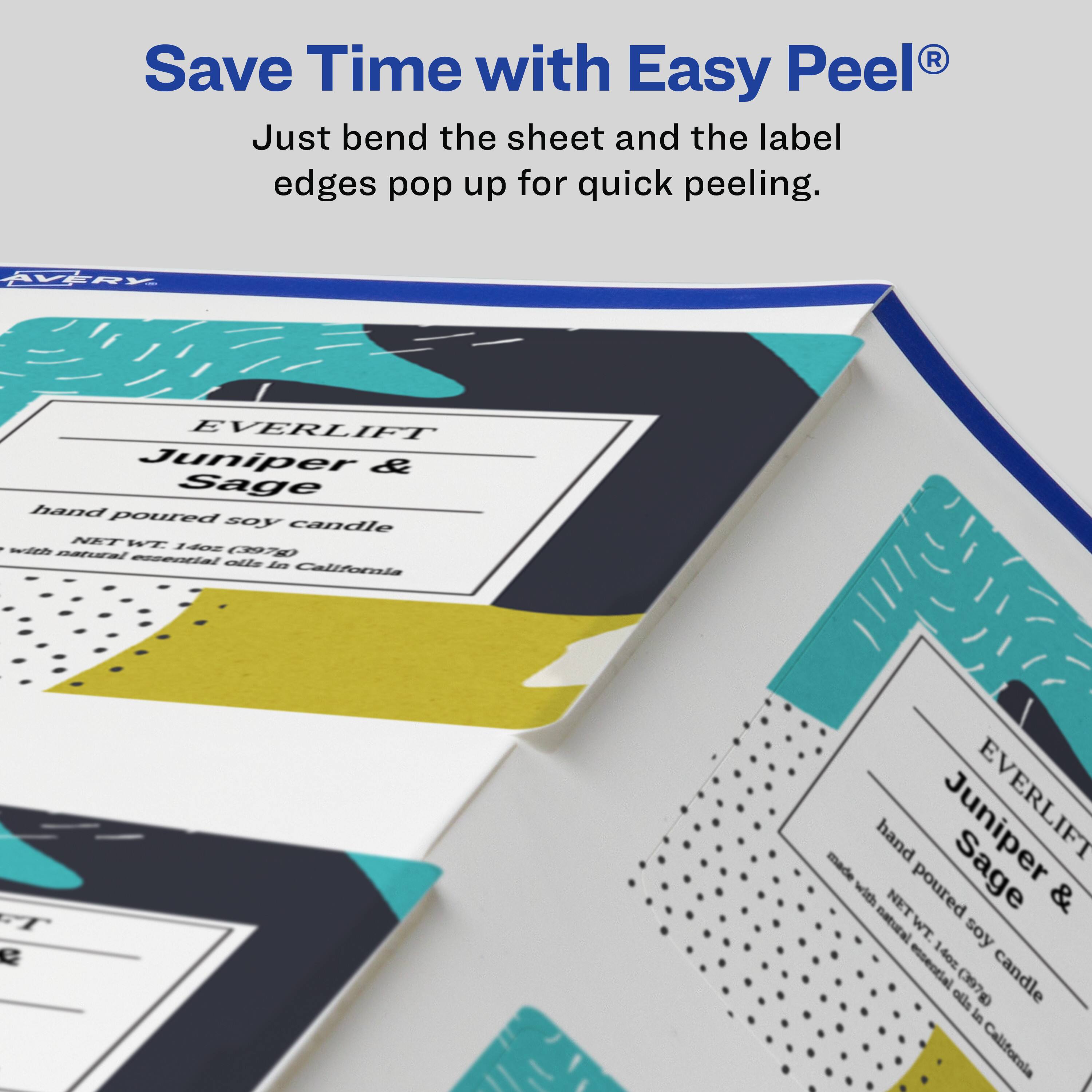 Save Time with Easy Peel®  
Just bend the sheet and the label edges pop up for quick peeling.

AVERY EVERLIFT  
Juniper & Sage  
hand poured soy candle  
NET WT 140g (97g)  
made with natural essential oils in California