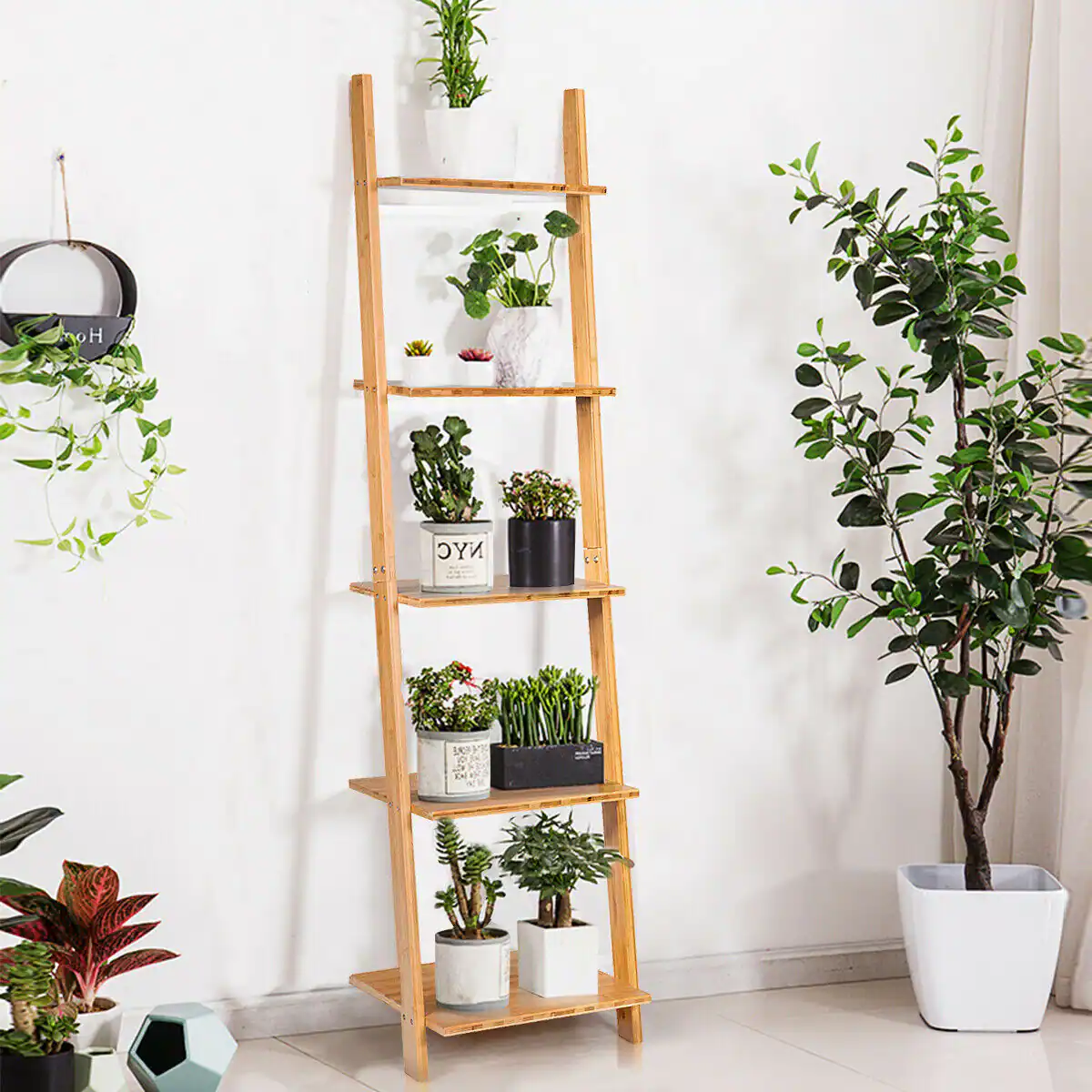 Alt View 1. Ecooso - 5-Tier Bamboo Ladder Bookshelf with Wall-Leaning Display Design - Natural.