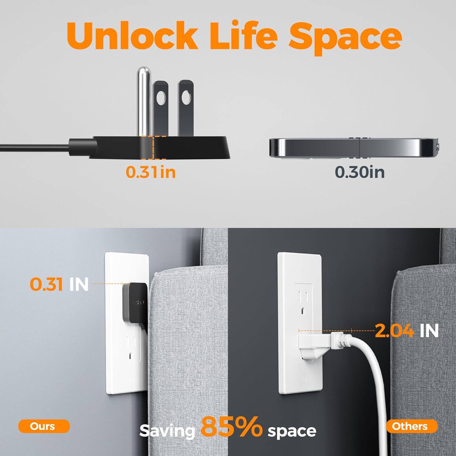 Unlock Life Space

0.31in  
0.30in  
0.31 IN  
2.04 IN  

Ours  
Saving 85% space  
Others